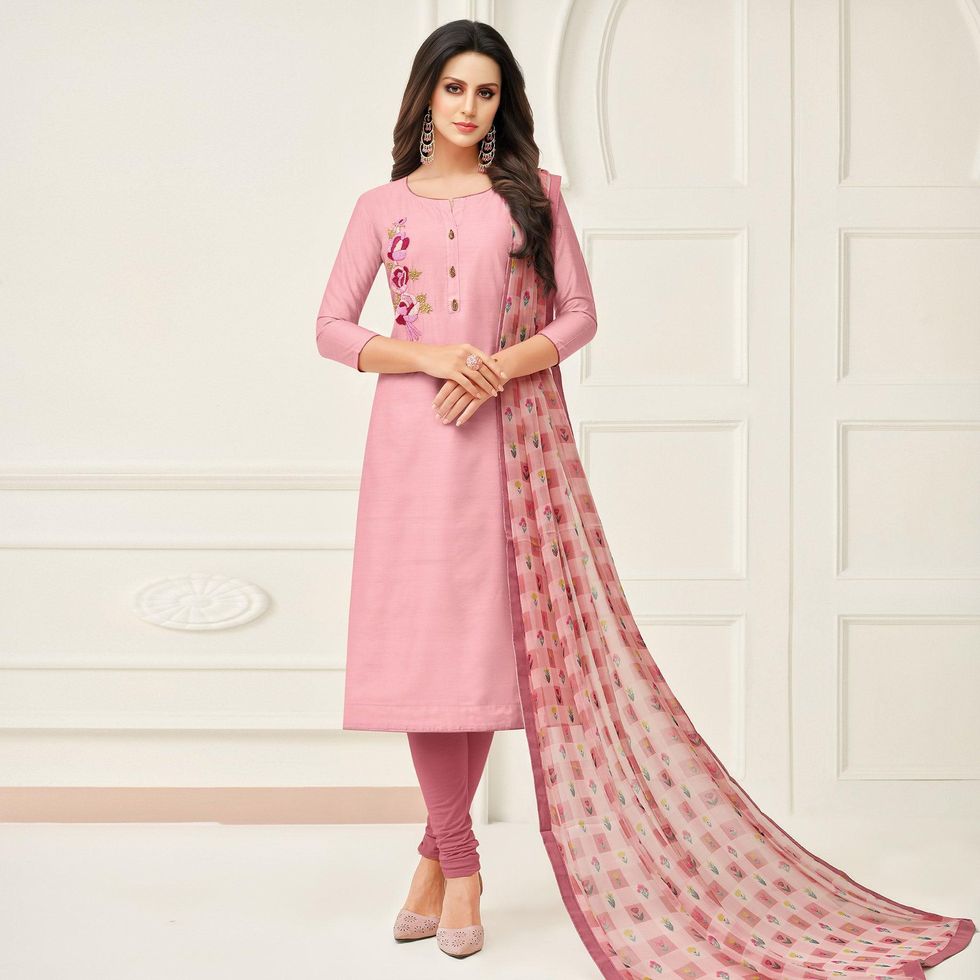 Fantastic Pink Colored Casual Wear Embroidered Chanderi Dress Material - Peachmode