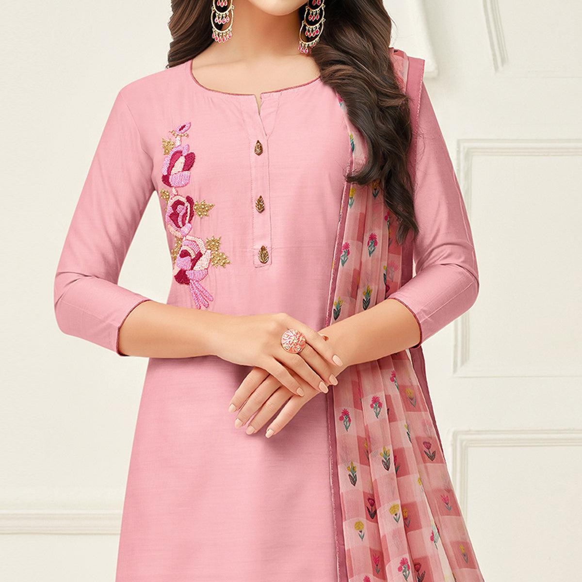 Fantastic Pink Colored Casual Wear Embroidered Chanderi Dress Material - Peachmode