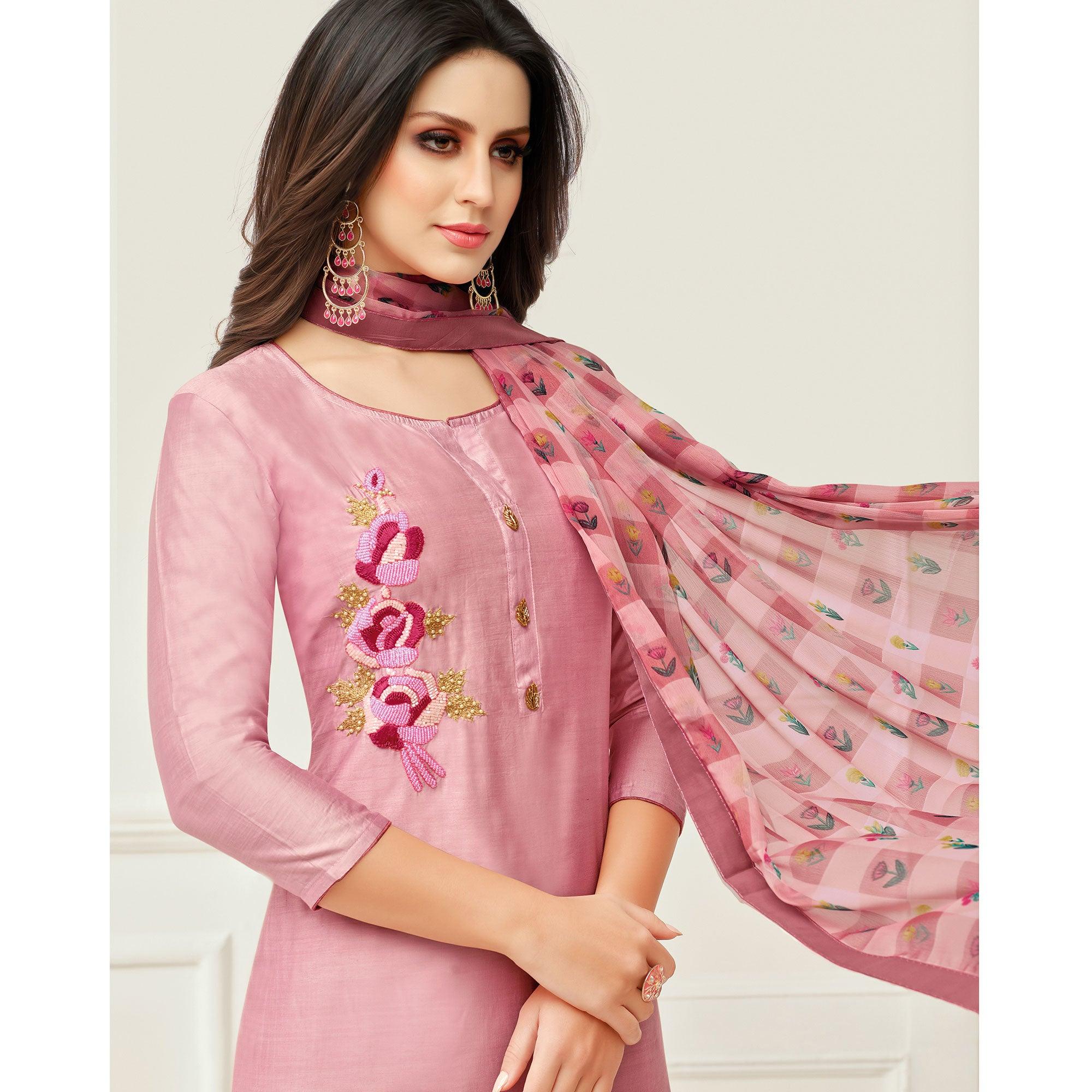 Fantastic Pink Colored Casual Wear Embroidered Chanderi Dress Material - Peachmode
