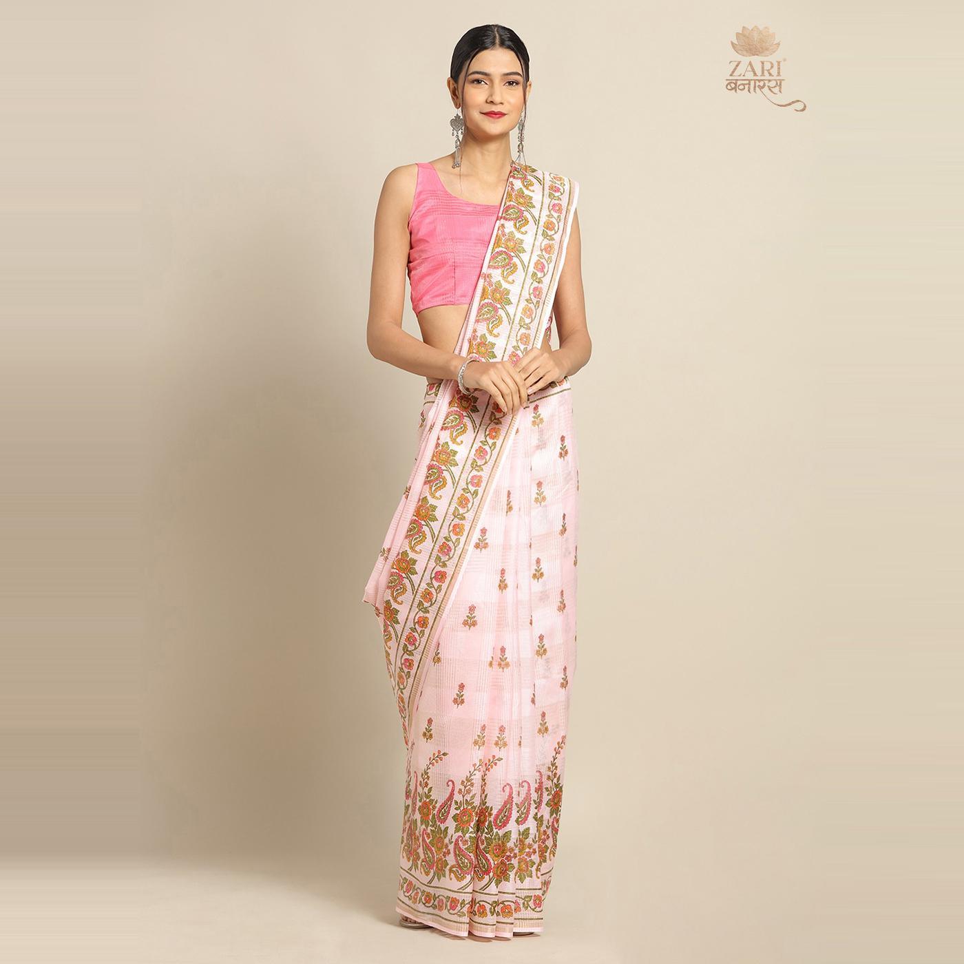 Fantastic Pink Colored Casual Wear Floral Printed Linen Saree - Peachmode