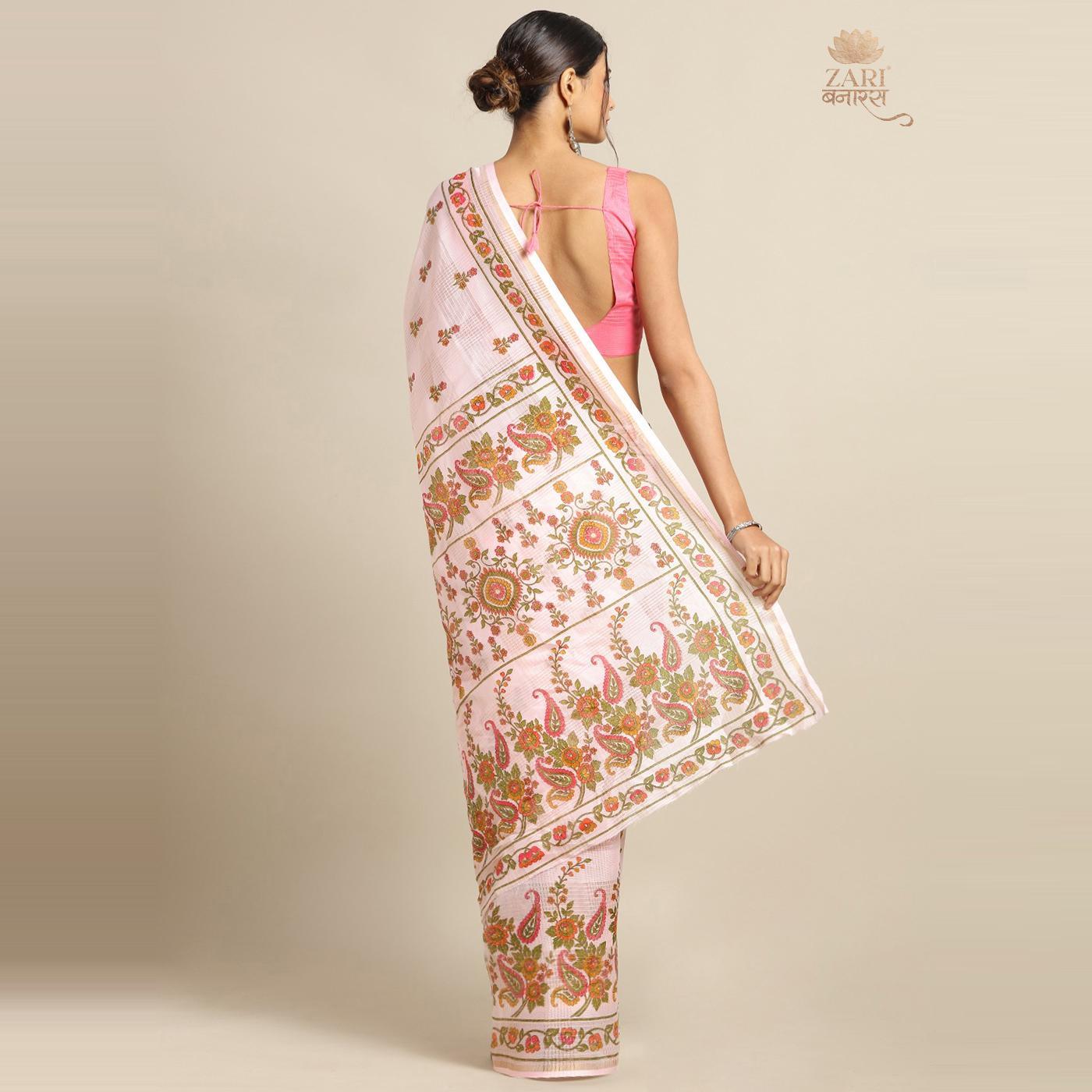 Fantastic Pink Colored Casual Wear Floral Printed Linen Saree - Peachmode