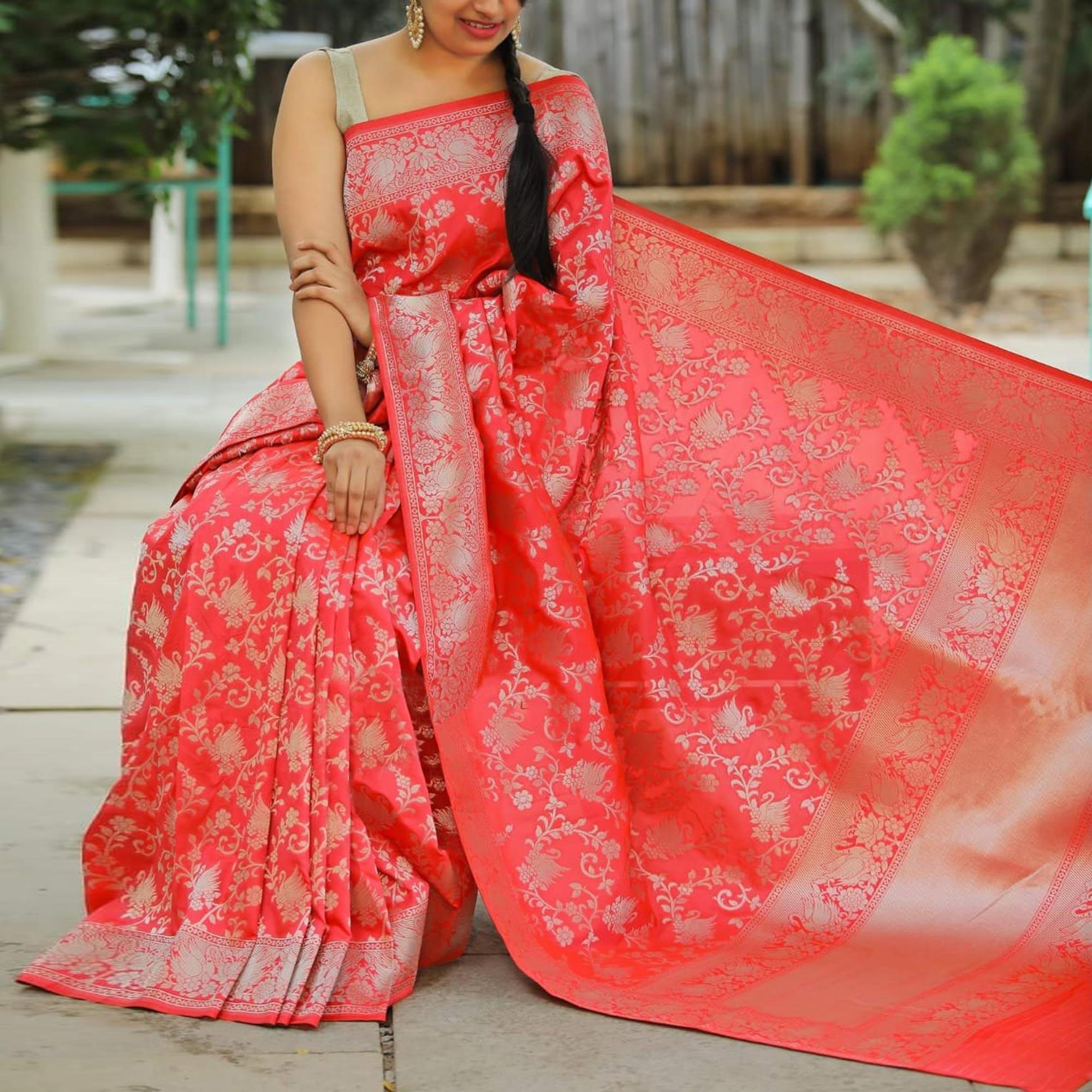 Fantastic Pink Colored Festive Wear Woven Banarasi Silk Saree - Peachmode