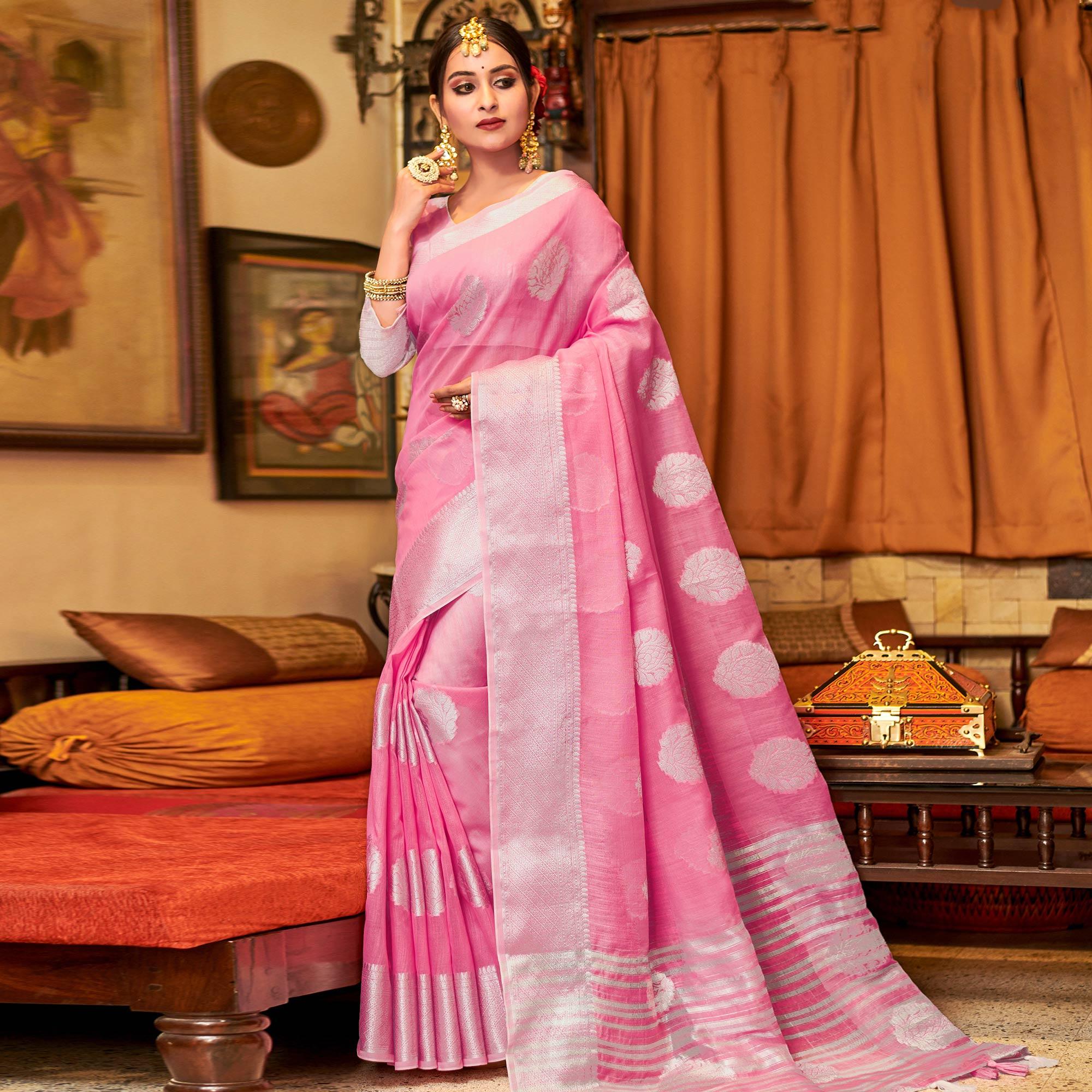 Fantastic Pink Colored Festive Wear Woven Linen Sareee - Peachmode