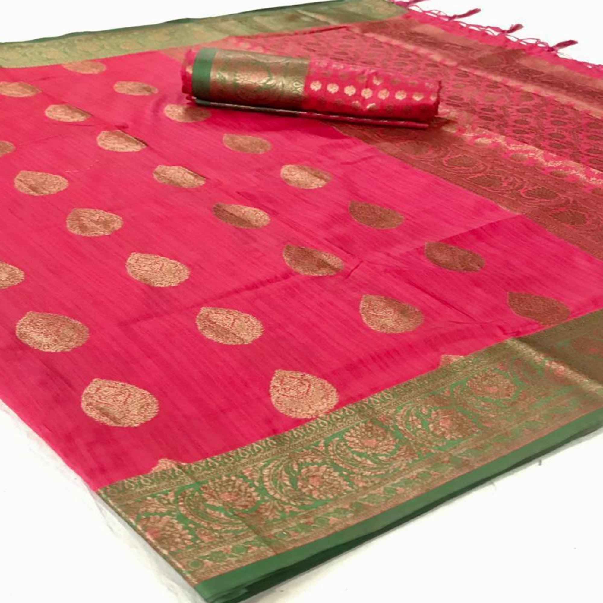 Fantastic Pink Colored Festive Wear Woven Silk Saree - Peachmode