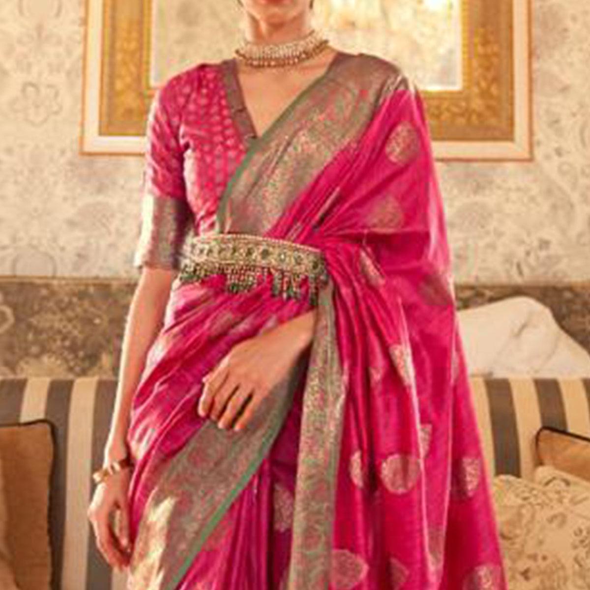 Fantastic Pink Colored Festive Wear Woven Silk Saree - Peachmode