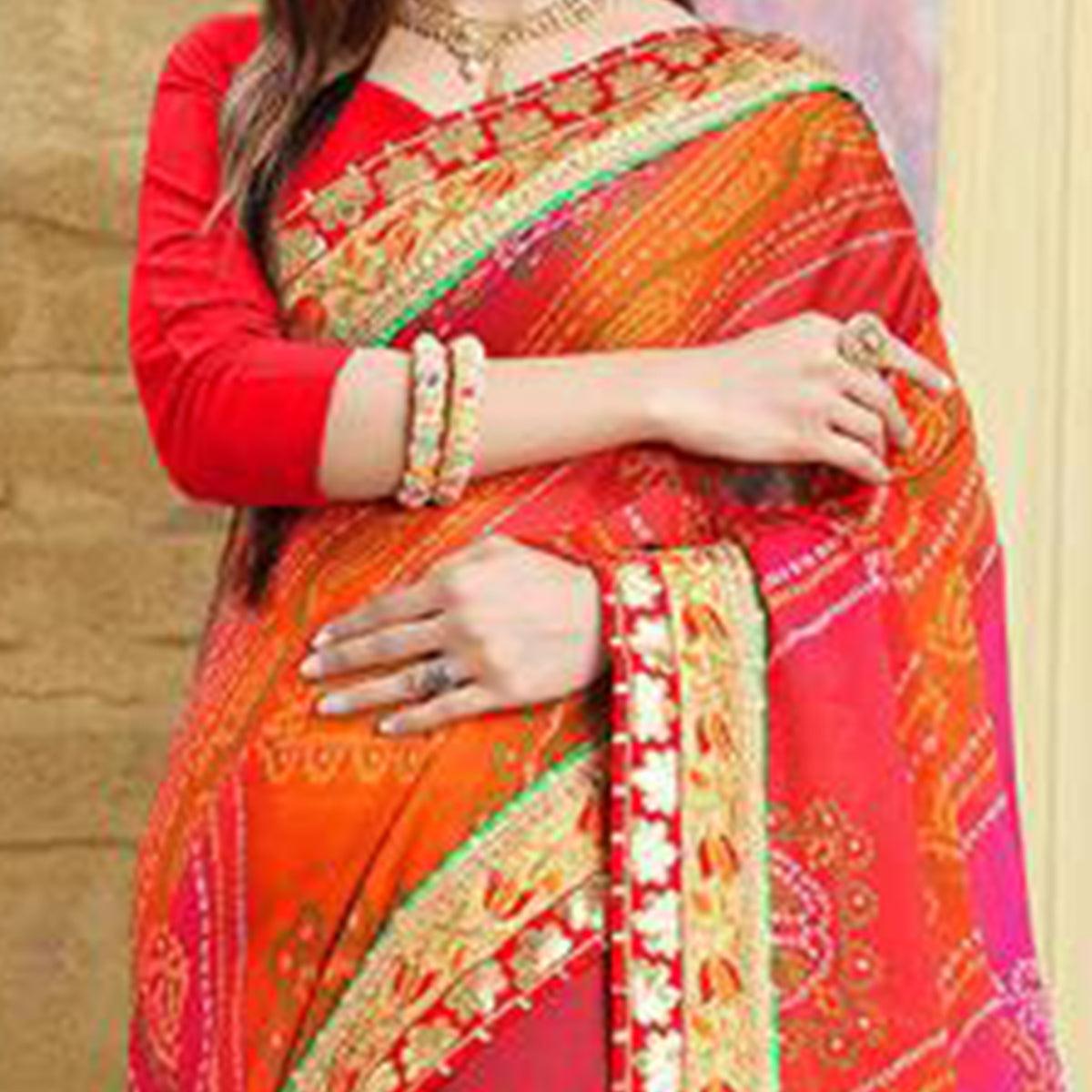 Fantastic Pink Colored Festive Wear Zari Work Moss Chiffon Half-Half Saree - Peachmode