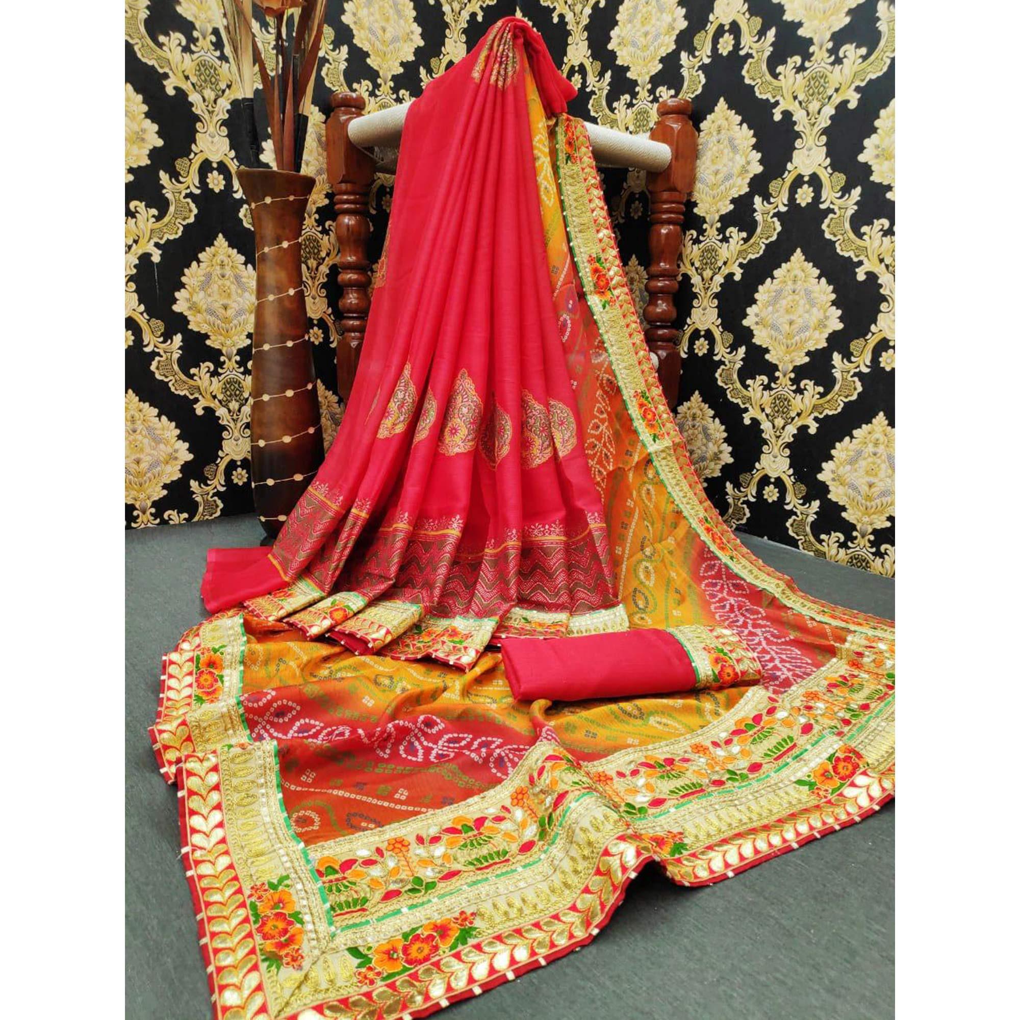 Fantastic Pink Colored Festive Wear Zari Work Moss Chiffon Half-Half Saree - Peachmode