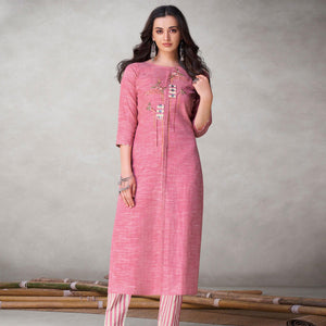Fantastic Pink Colored Party Wear Embroidered Self Weaved Cotton Kurti Pant Set - Peachmode