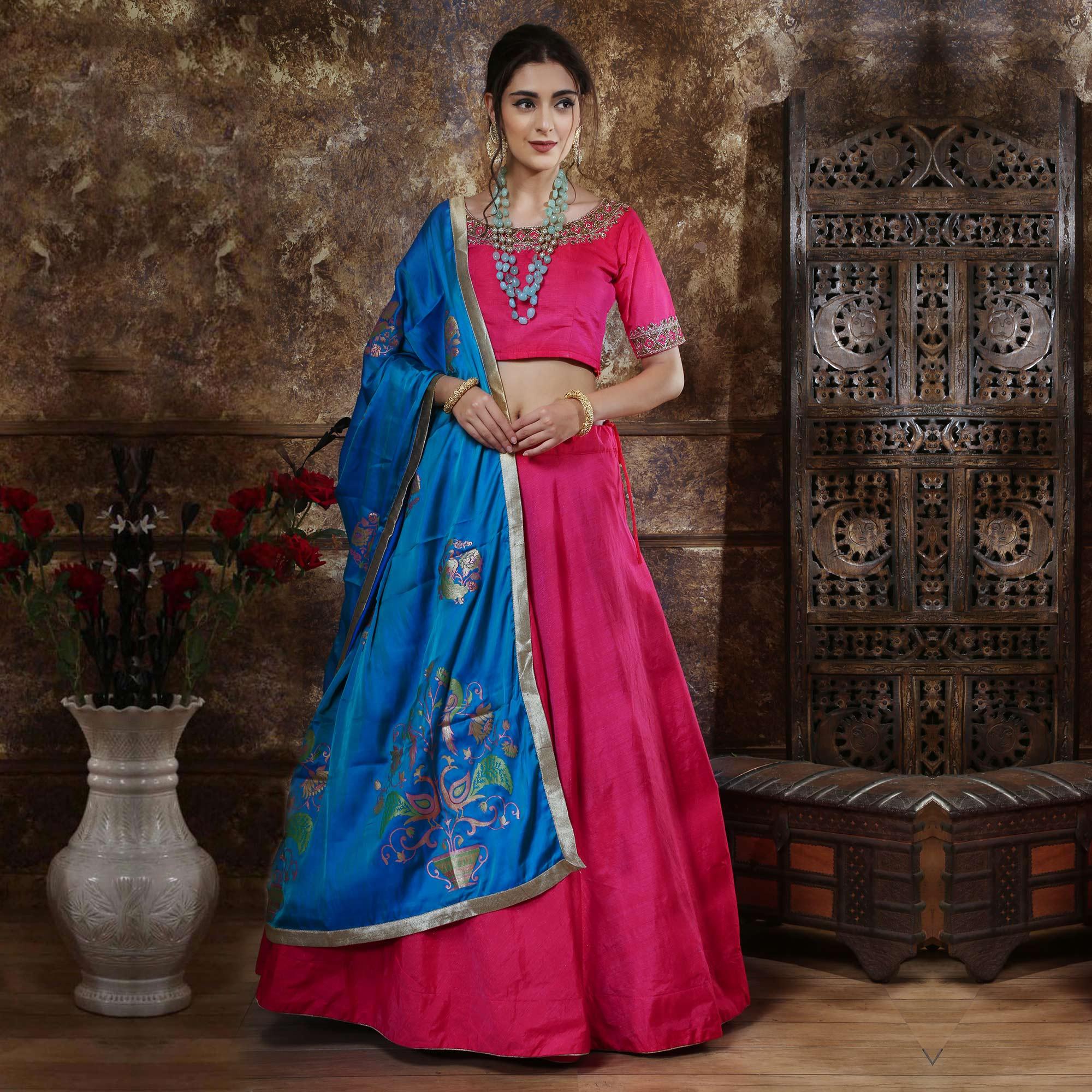 Fantastic Pink Colored Party Wear Foil Printed Silk Lehenga Choli - Peachmode