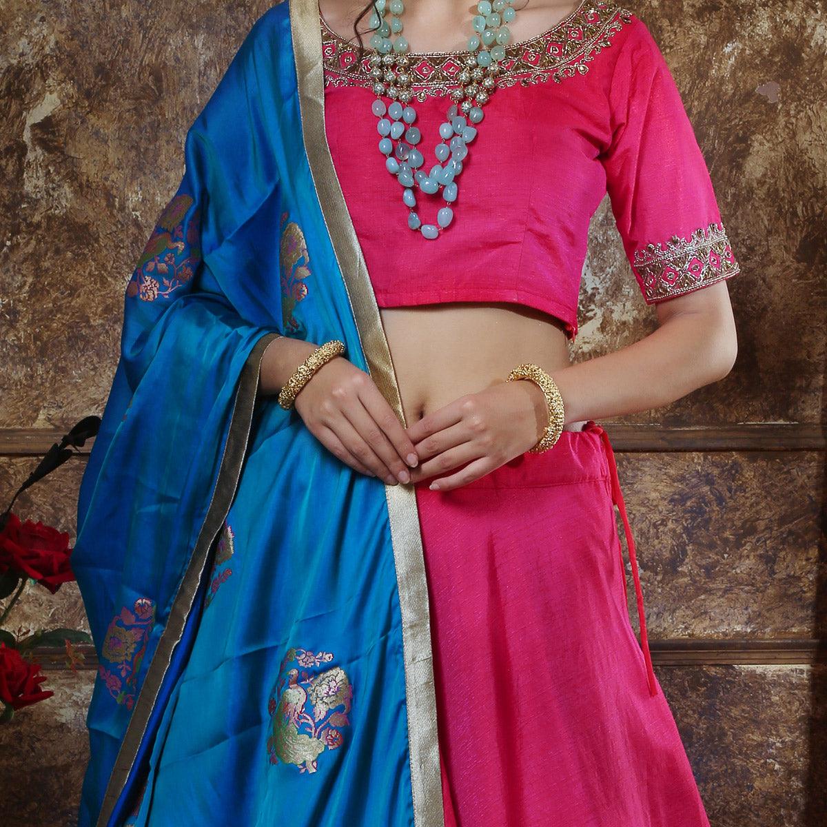 Fantastic Pink Colored Party Wear Foil Printed Silk Lehenga Choli - Peachmode