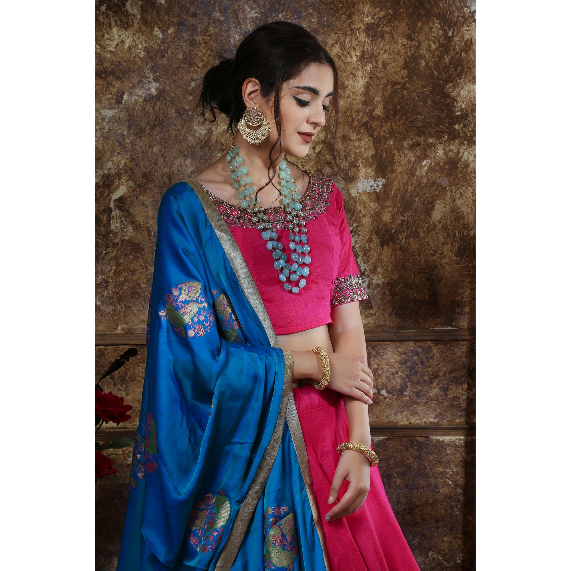 Fantastic Pink Colored Party Wear Foil Printed Silk Lehenga Choli - Peachmode