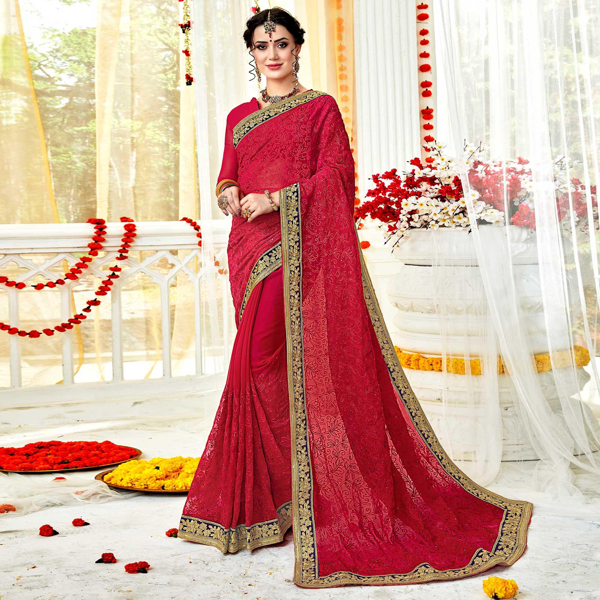 Fantastic Pink Colored Partywear Embroidered Georgette Saree - Peachmode