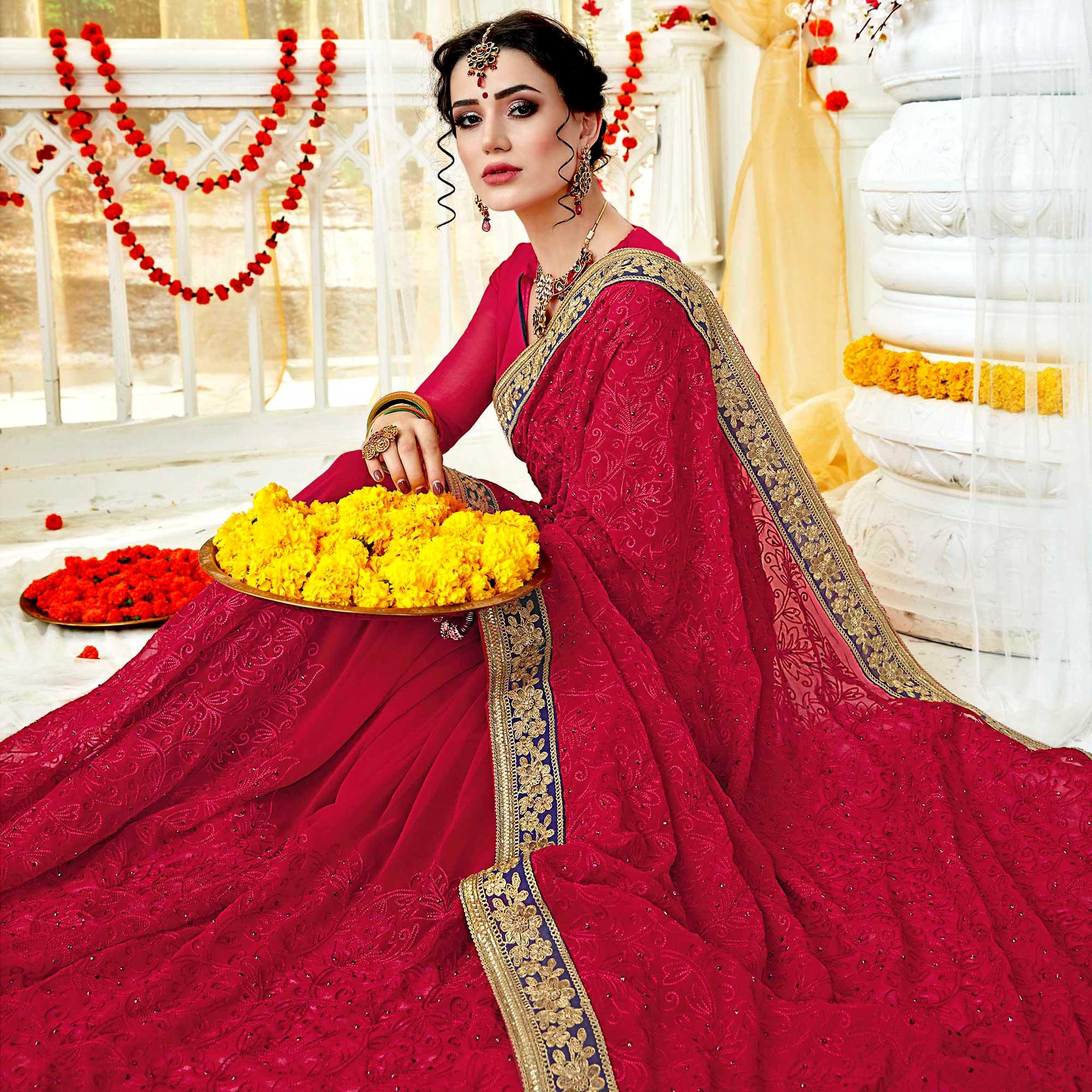Fantastic Pink Colored Partywear Embroidered Georgette Saree - Peachmode