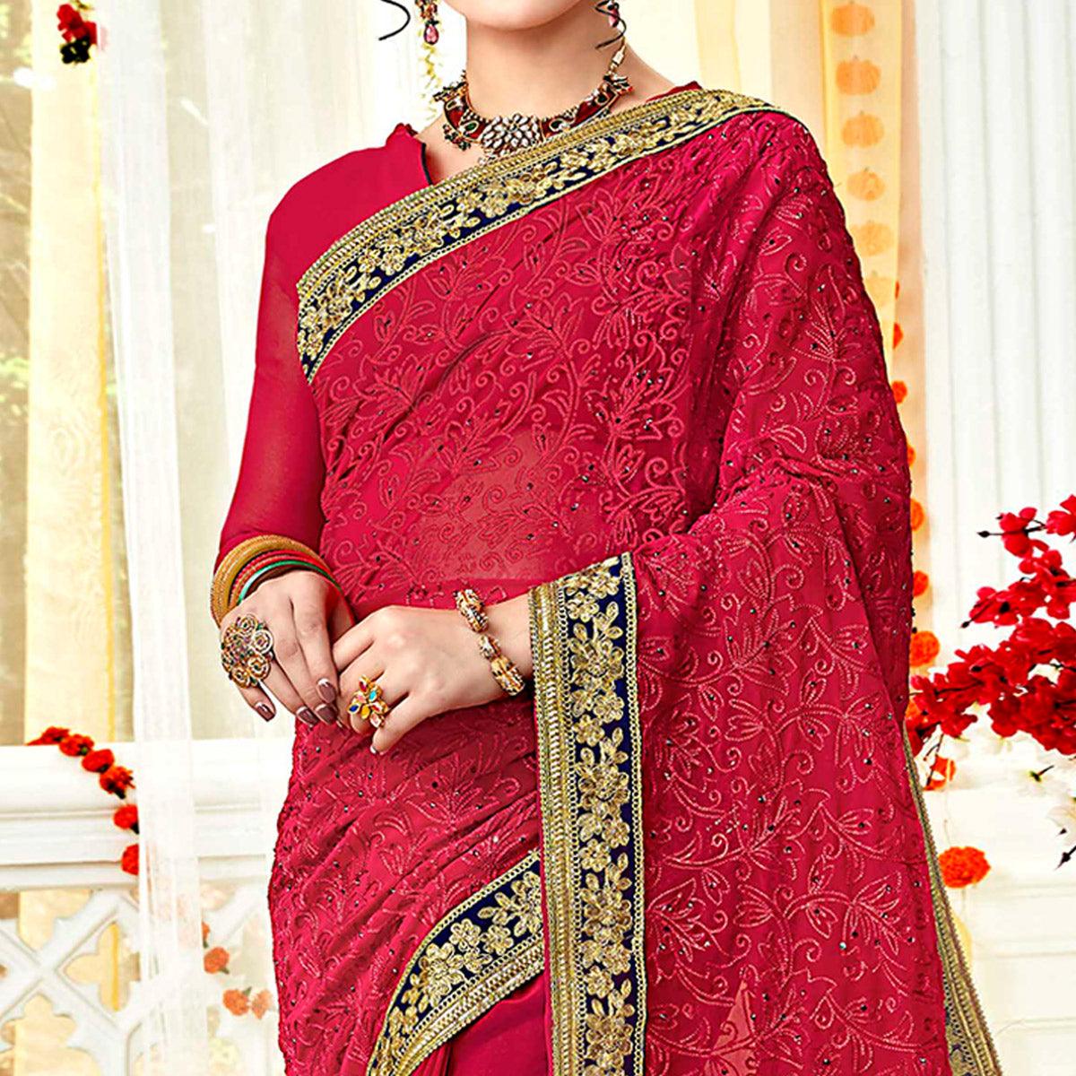 Fantastic Pink Colored Partywear Embroidered Georgette Saree - Peachmode