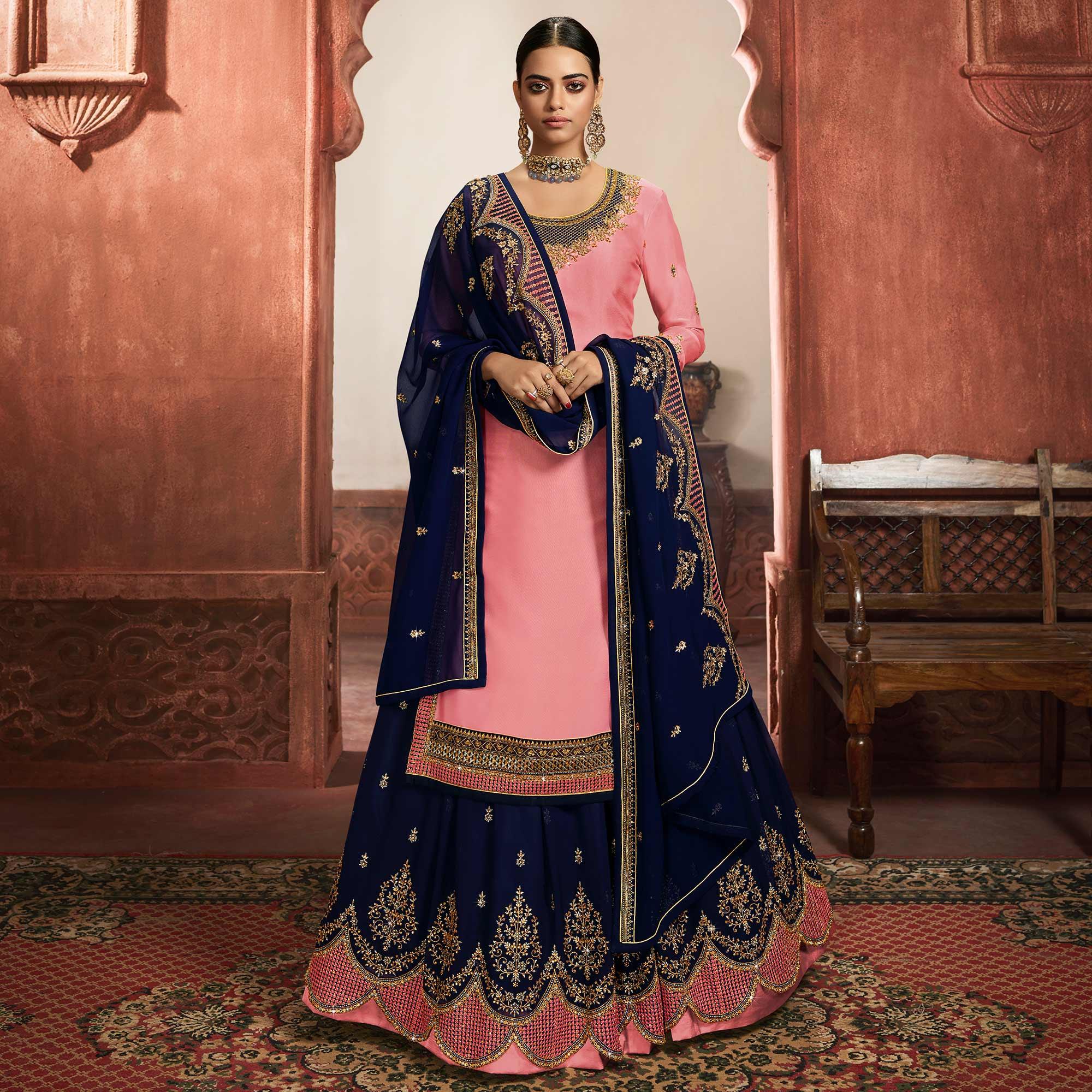 Fantastic Pink Coloured Partywear Embroidered Georgette Satin Sharara Style Salwar Suit - Peachmode