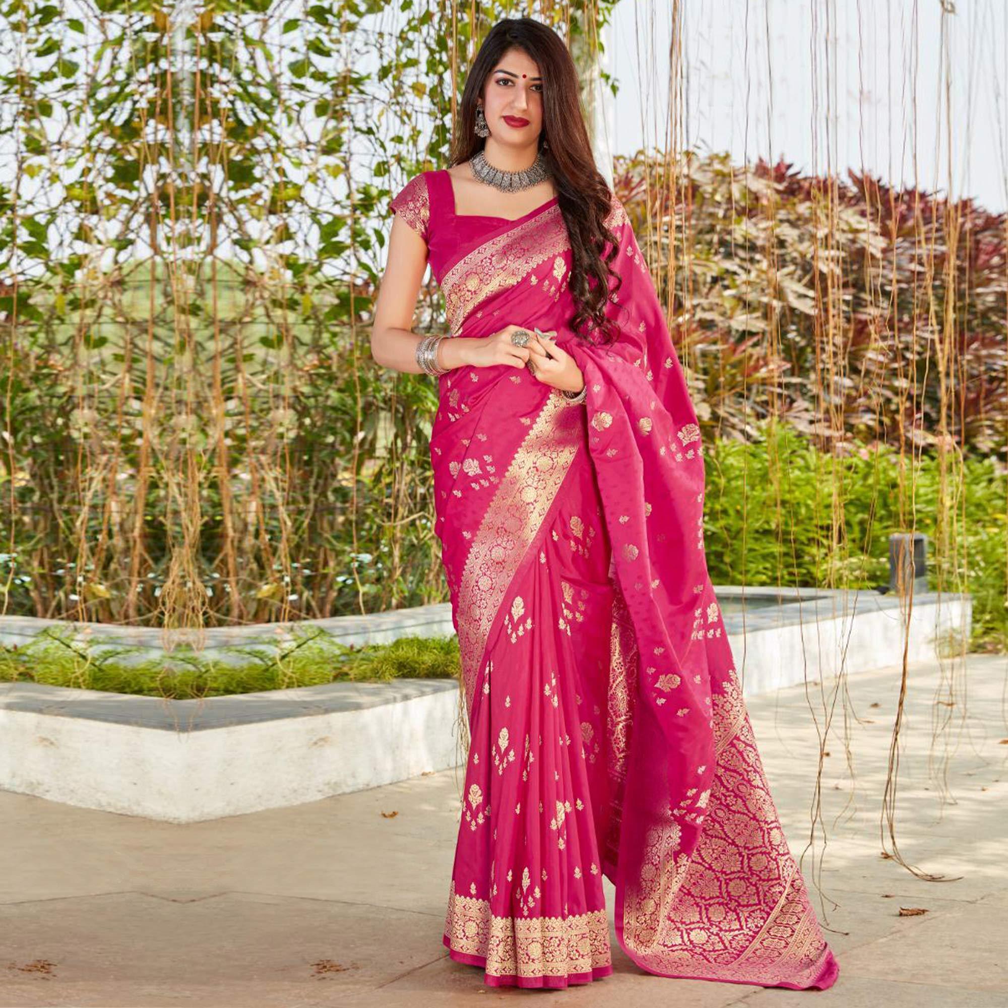 Fantastic Pink Coloured Partywear Woven Silk Saree - Peachmode