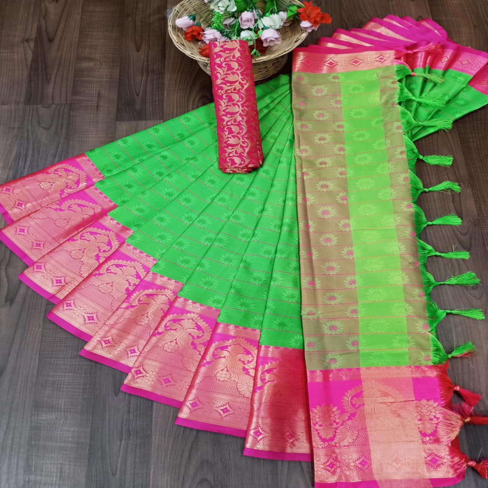 Fantastic Popti Colored Festive Wear Woven Cotton Silk Saree - Peachmode