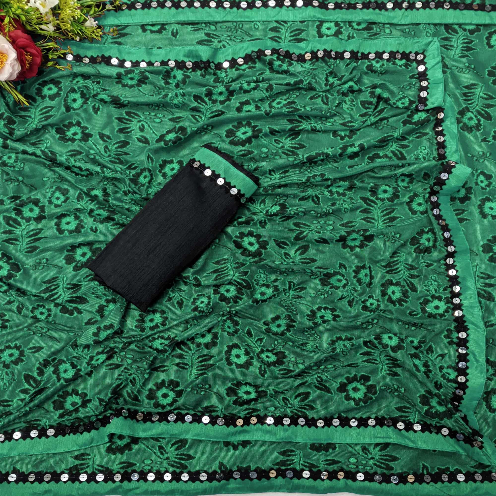Fantastic Rama Colored Festive Wear Floral Woven Art Silk Saree - Peachmode