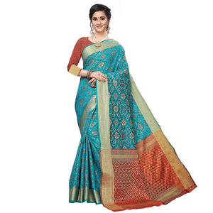 Fantastic Rama Colored Festive Wear Woven Kanjivaram Silk Saree - Peachmode
