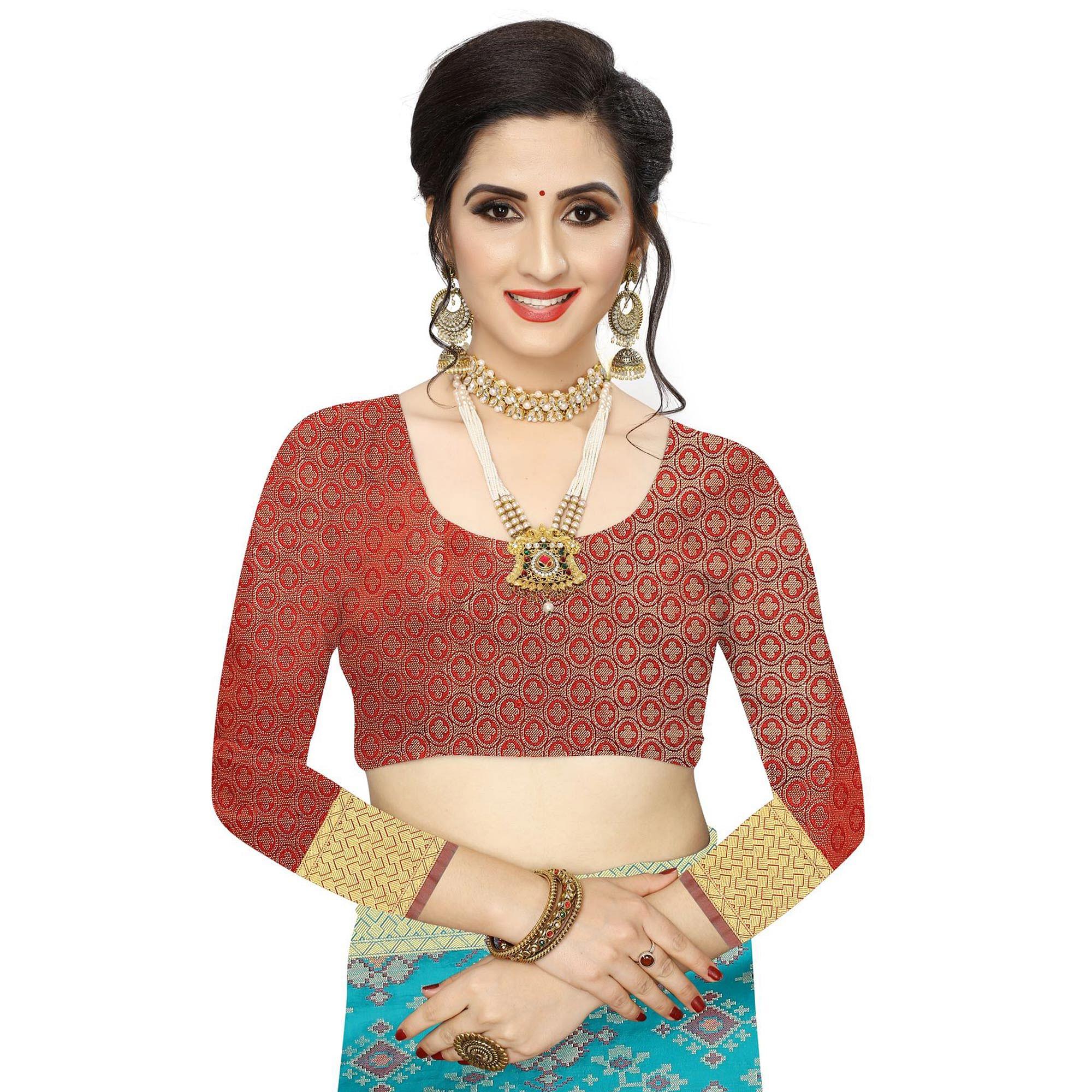 Fantastic Rama Colored Festive Wear Woven Kanjivaram Silk Saree - Peachmode