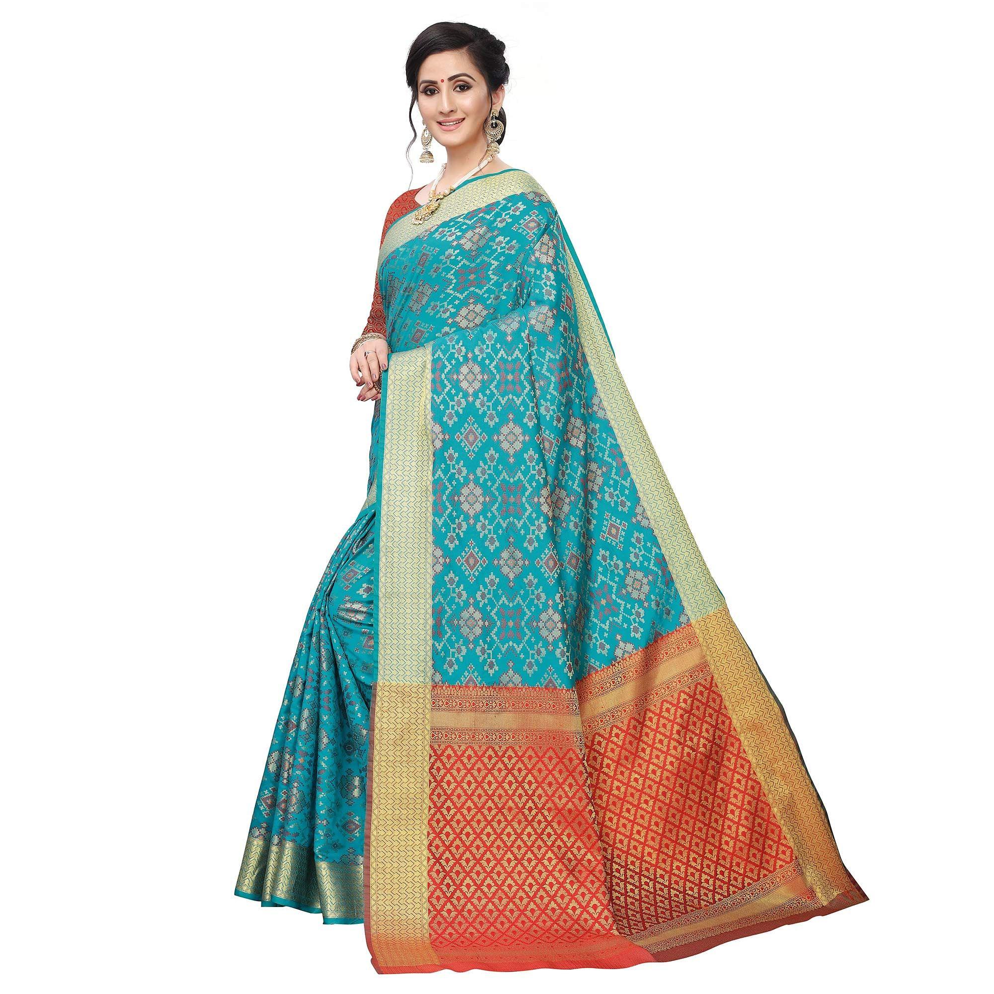 Fantastic Rama Colored Festive Wear Woven Kanjivaram Silk Saree - Peachmode