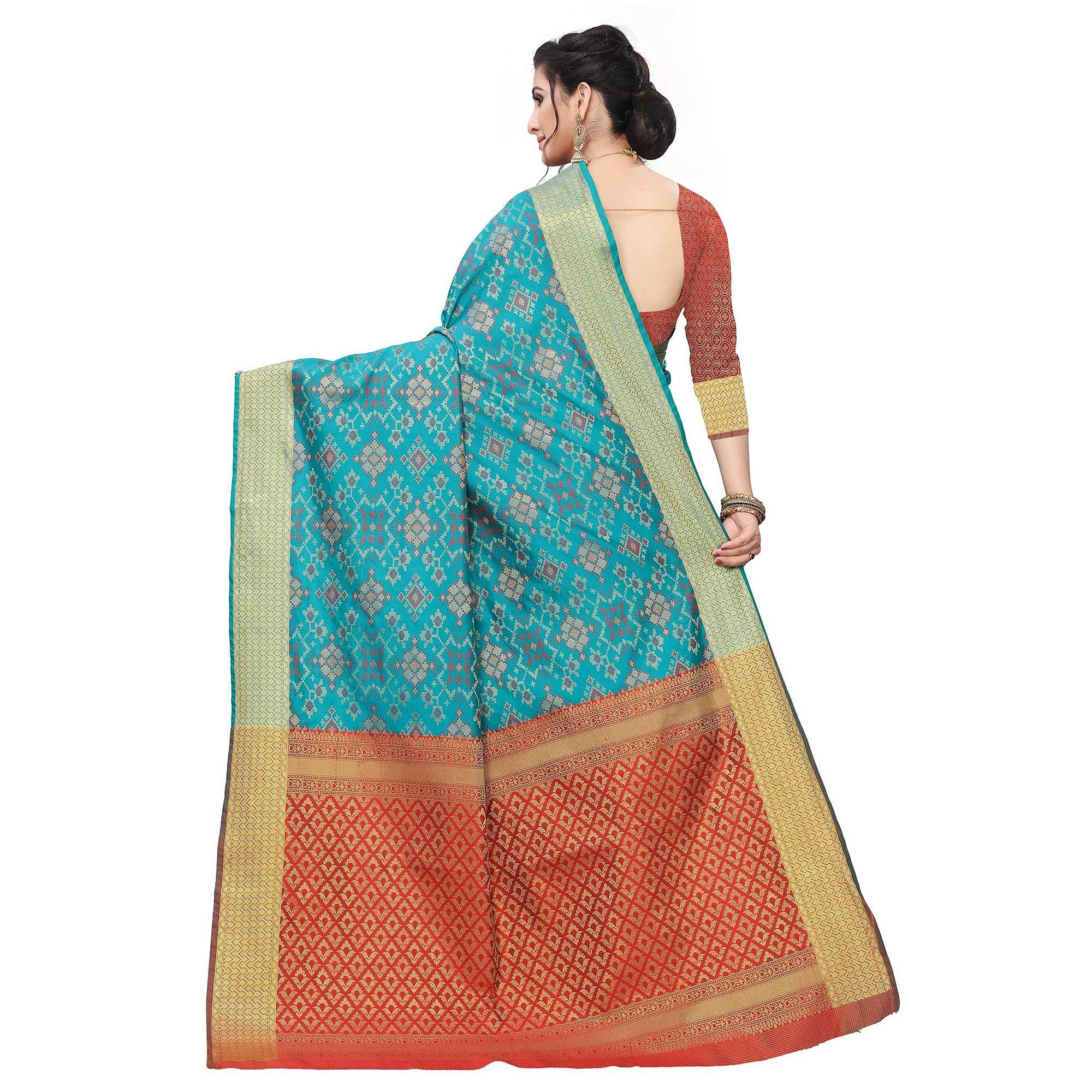 Fantastic Rama Colored Festive Wear Woven Kanjivaram Silk Saree - Peachmode