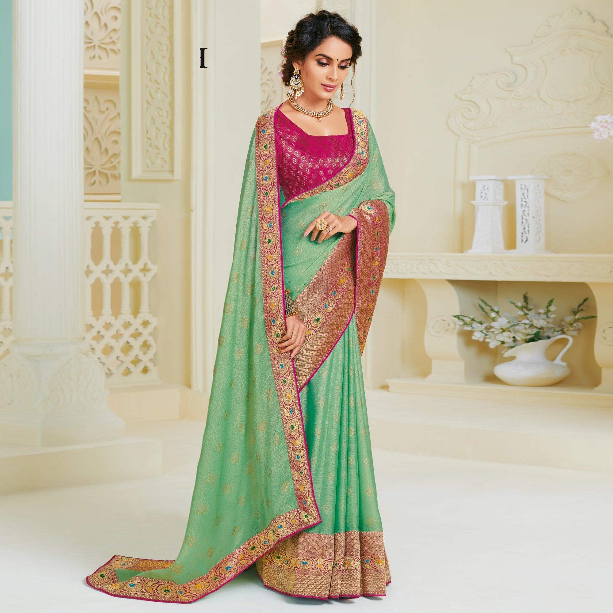 Fantastic Rama Green Colored Partywear Foil Work Chiffon Saree - Peachmode