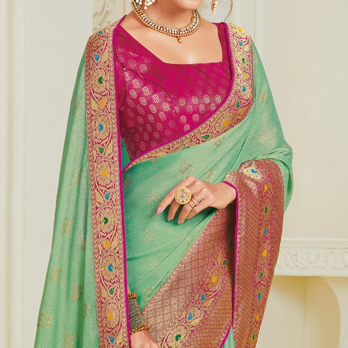 Fantastic Rama Green Colored Partywear Foil Work Chiffon Saree - Peachmode