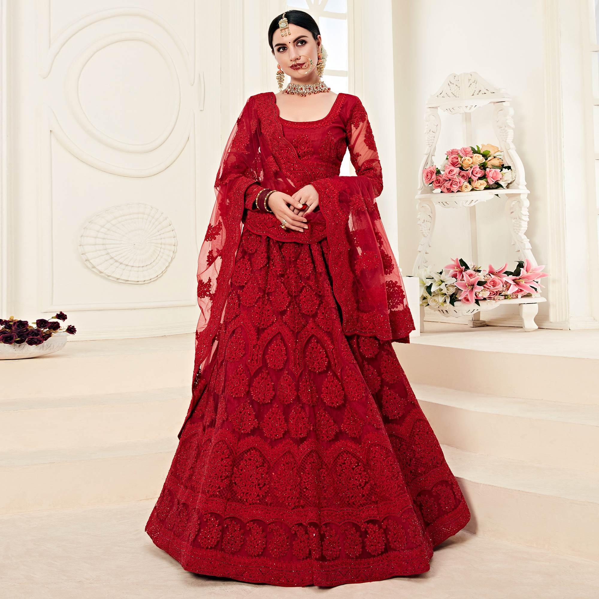 Fantastic Red Colored Cording Embroidery Wedding Wear Net Lehenga Choli - Peachmode