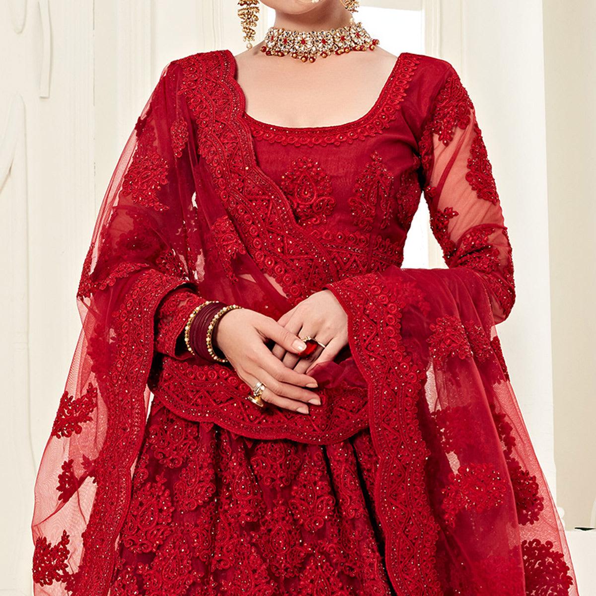 Fantastic Red Colored Cording Embroidery Wedding Wear Net Lehenga Choli - Peachmode
