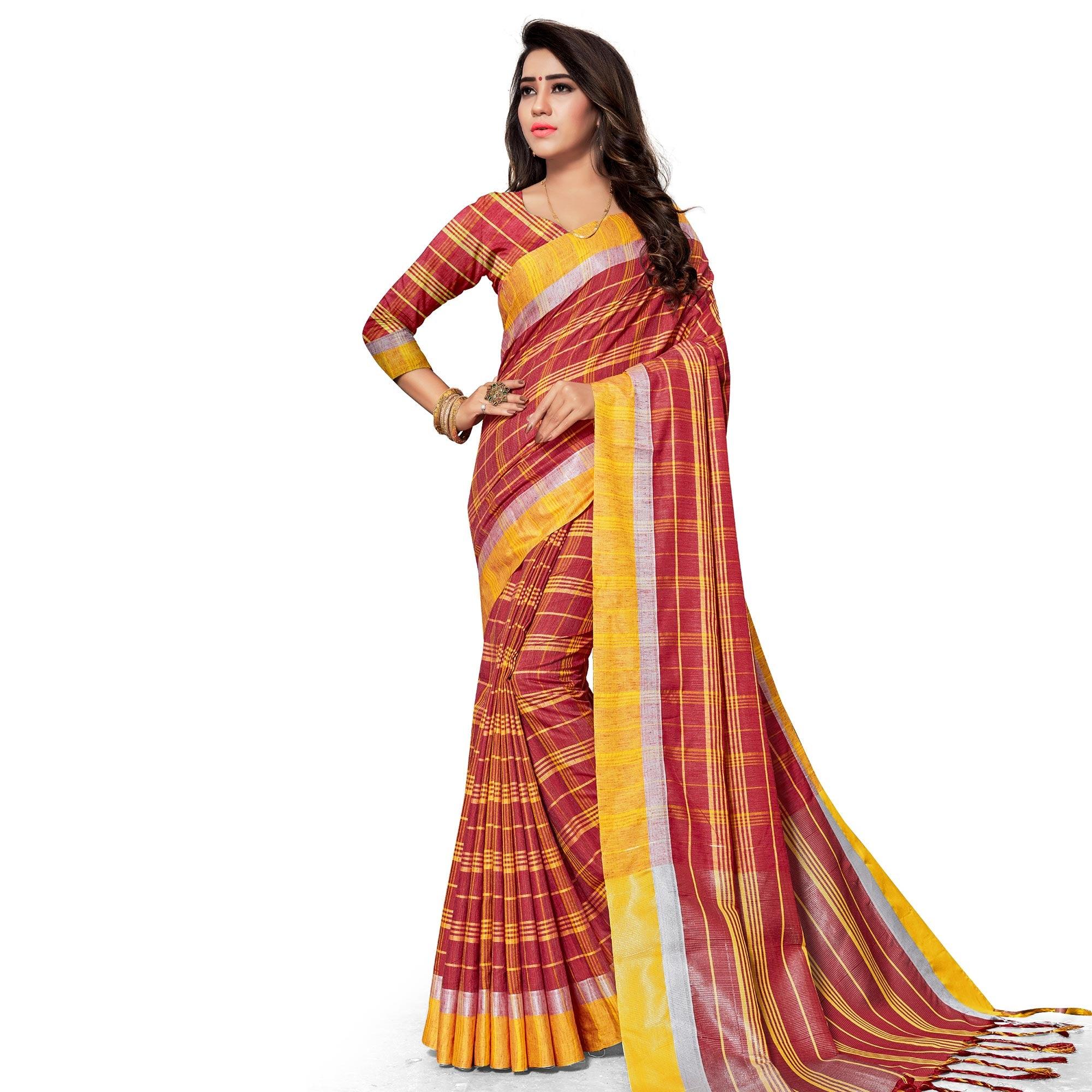 Fantastic Red Colored Fesive Wear Stripe Print Cotton Silk Saree With Tassels - Peachmode