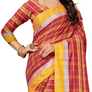 Fantastic Red Colored Fesive Wear Stripe Print Cotton Silk Saree With Tassels - Peachmode
