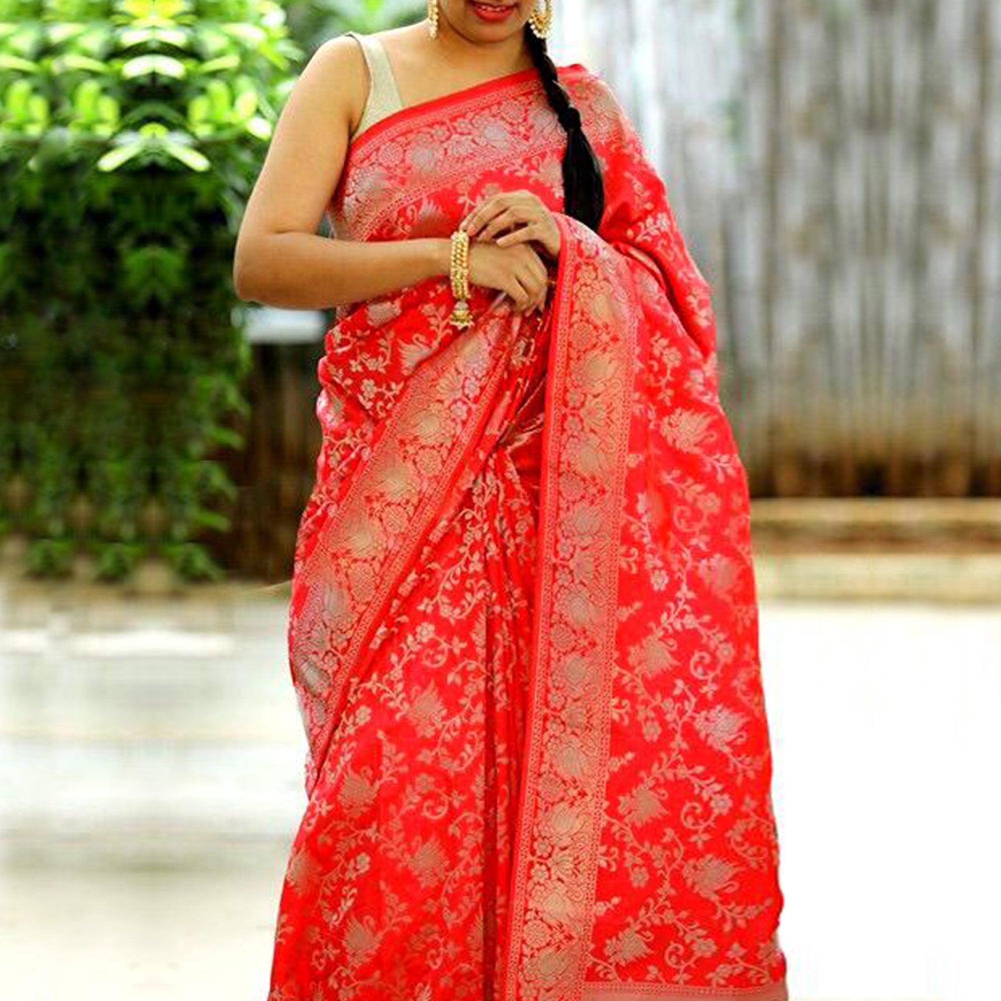 Fantastic Red Colored Festive Wear Woven Jacquard Silk Saree - Peachmode