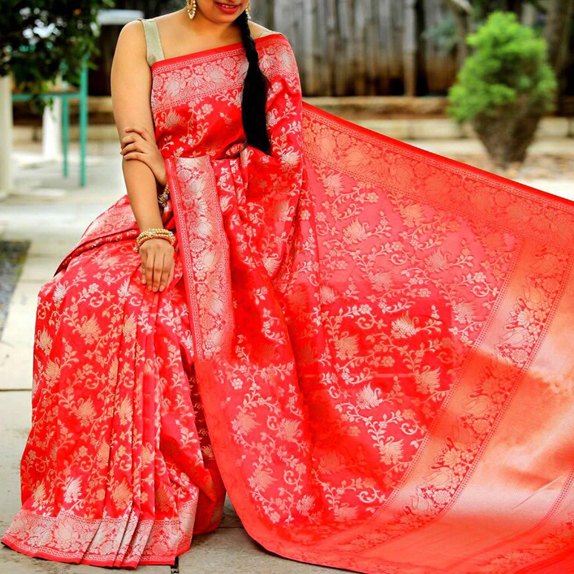 Fantastic Red Colored Festive Wear Woven Jacquard Silk Saree - Peachmode