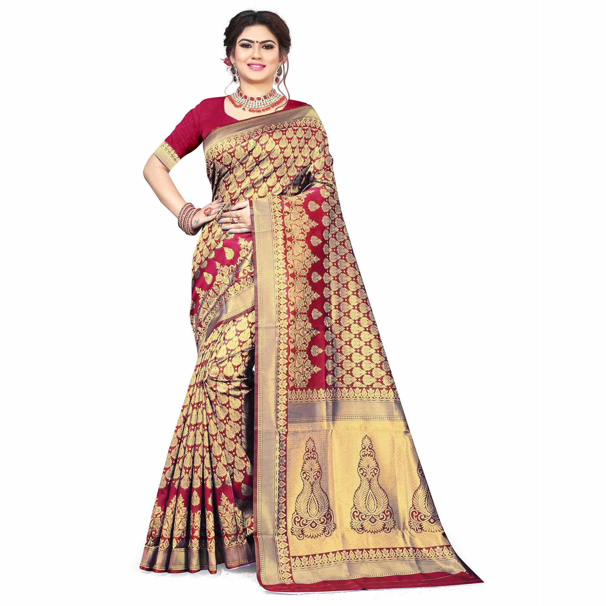 Fantastic Red Colored Festive Wear Woven Silk Saree - Peachmode