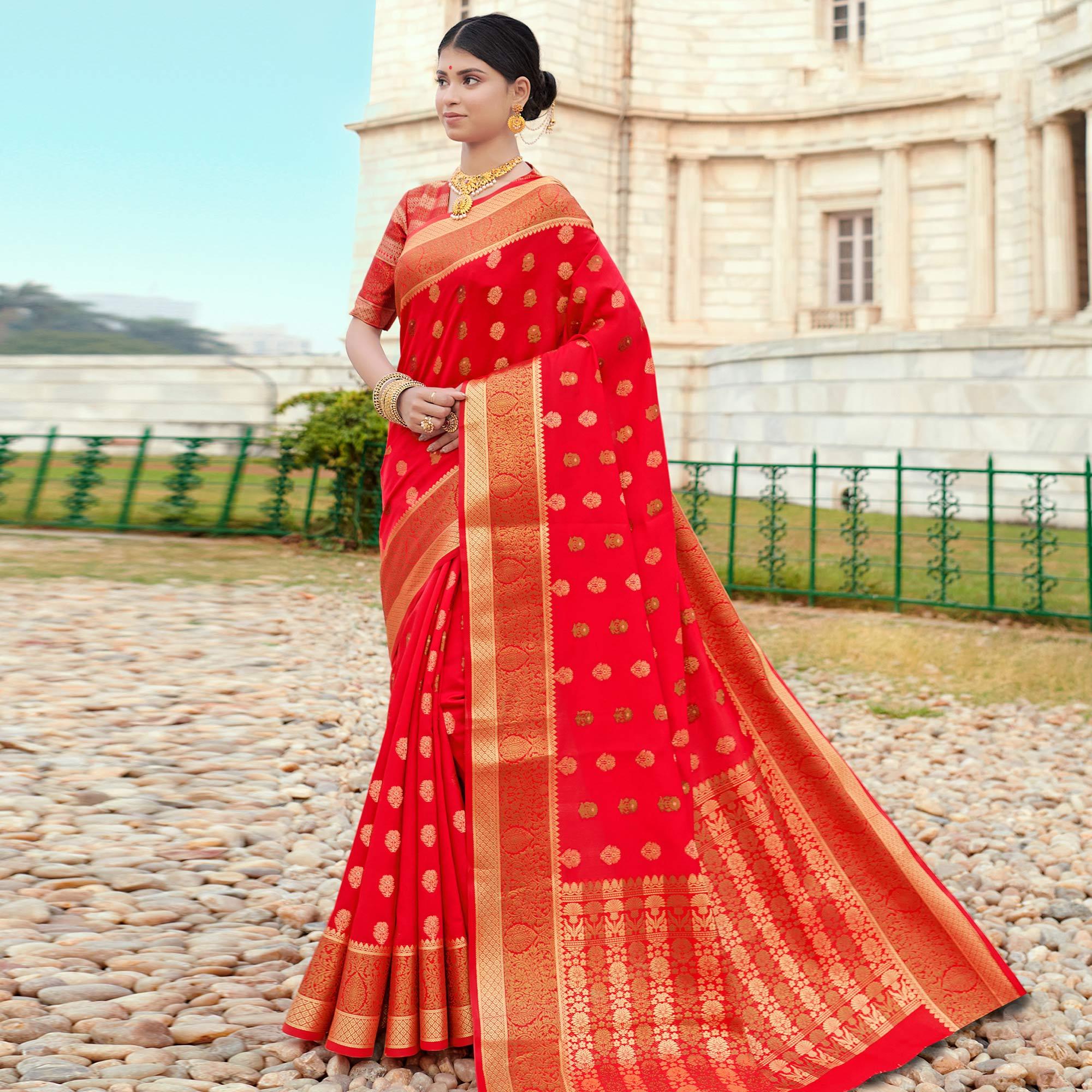 Fantastic Red Colored Festive Wear Woven Silk Saree - Peachmode