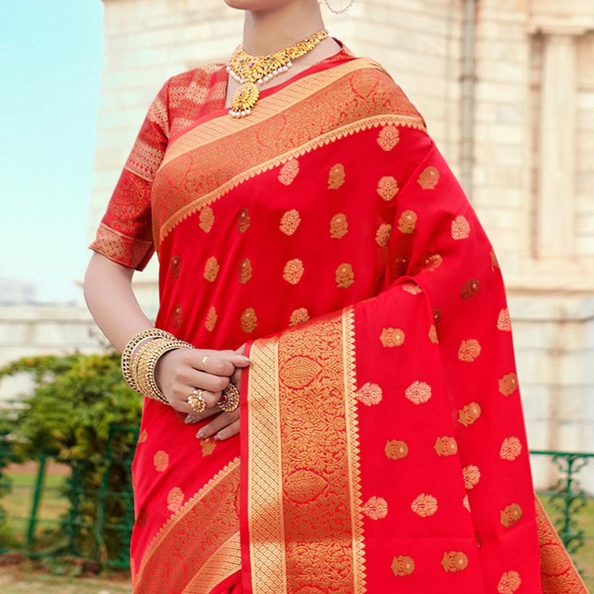 Fantastic Red Colored Festive Wear Woven Silk Saree - Peachmode