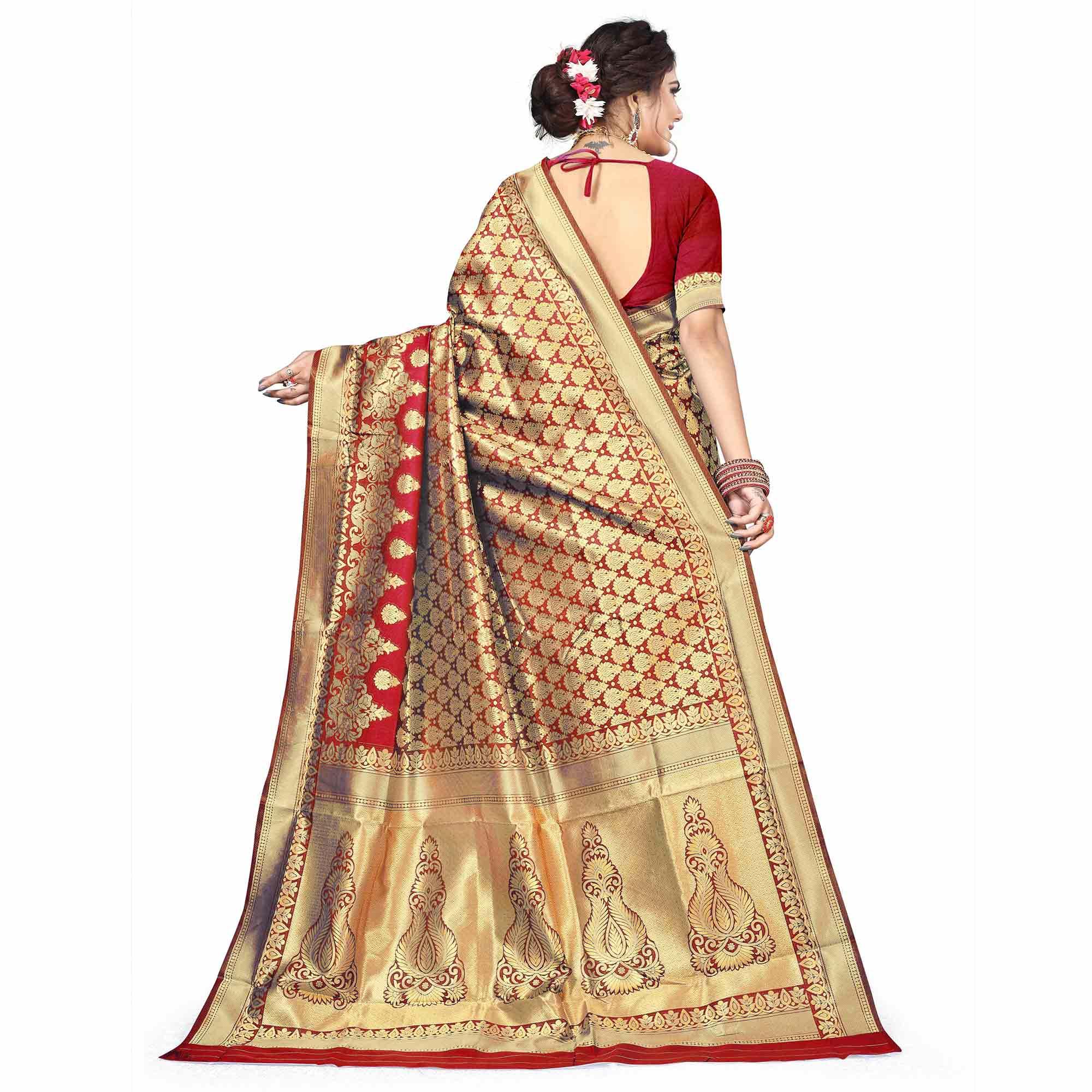 Fantastic Red Colored Festive Wear Woven Silk Saree - Peachmode