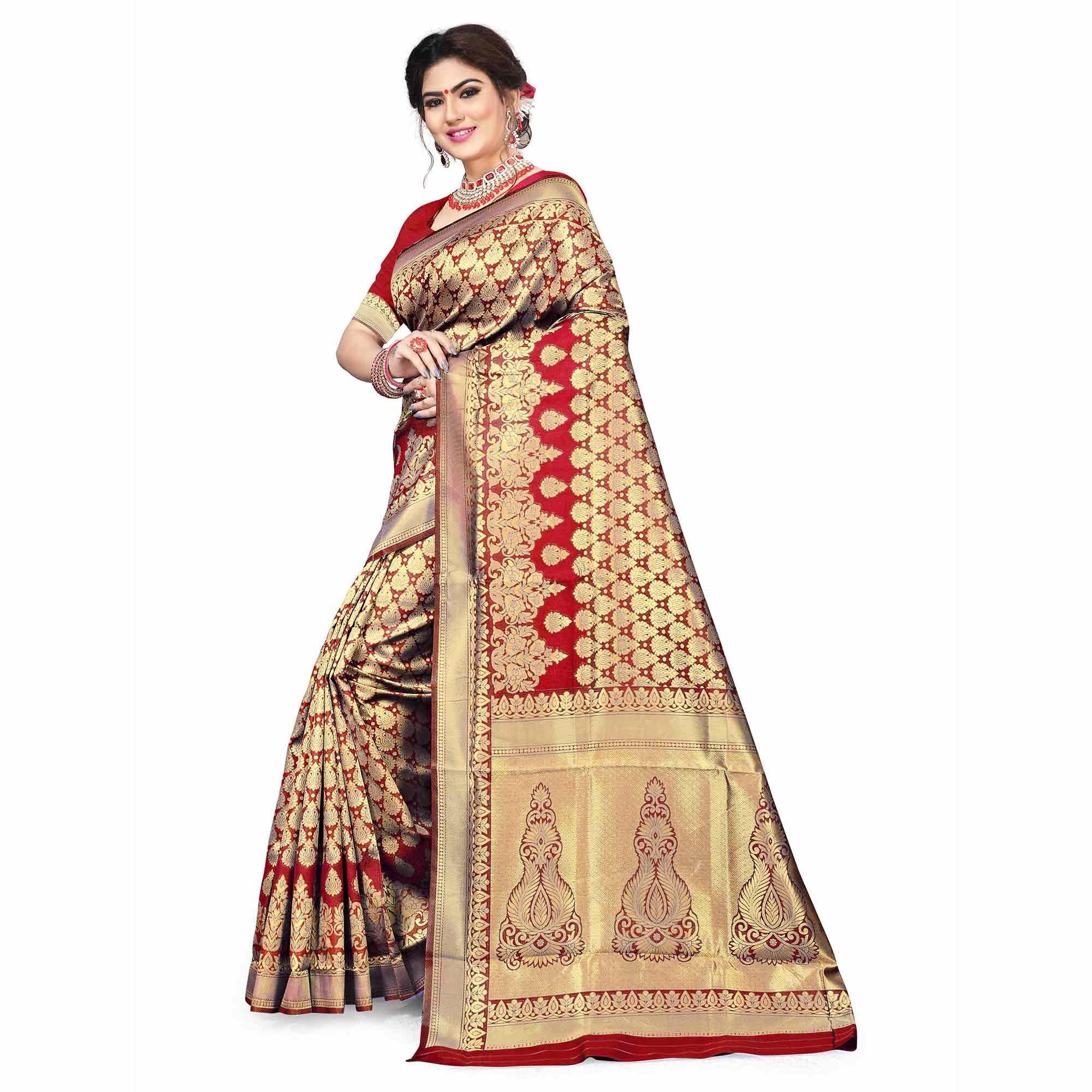 Fantastic Red Colored Festive Wear Woven Silk Saree - Peachmode