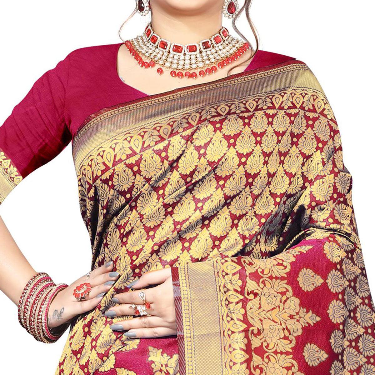 Fantastic Red Colored Festive Wear Woven Silk Saree - Peachmode