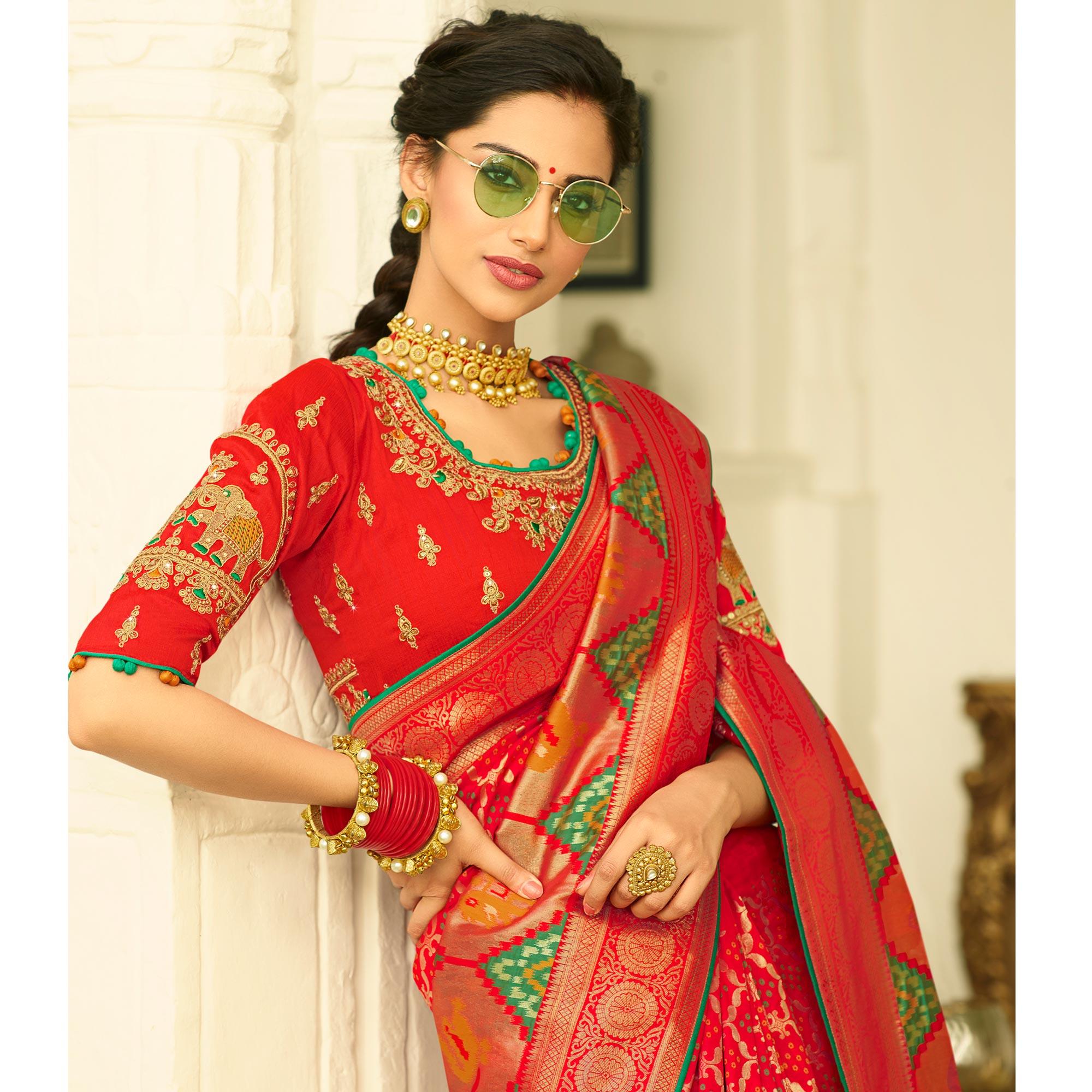 Fantastic Red Colored Festive Wear Woven Silk Saree With Tassels - Peachmode