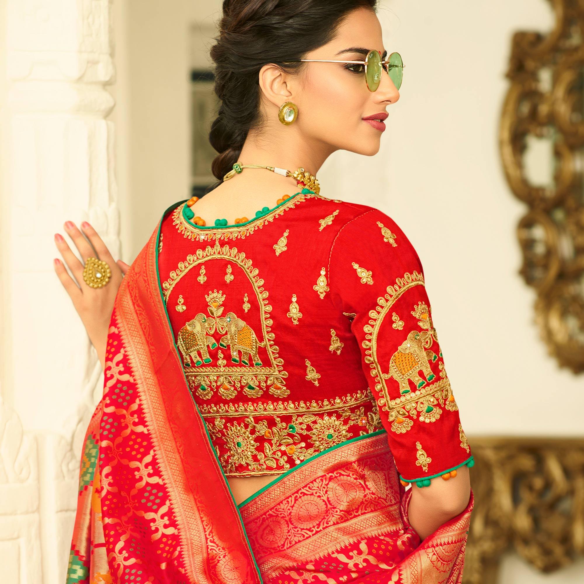 Fantastic Red Colored Festive Wear Woven Silk Saree With Tassels - Peachmode