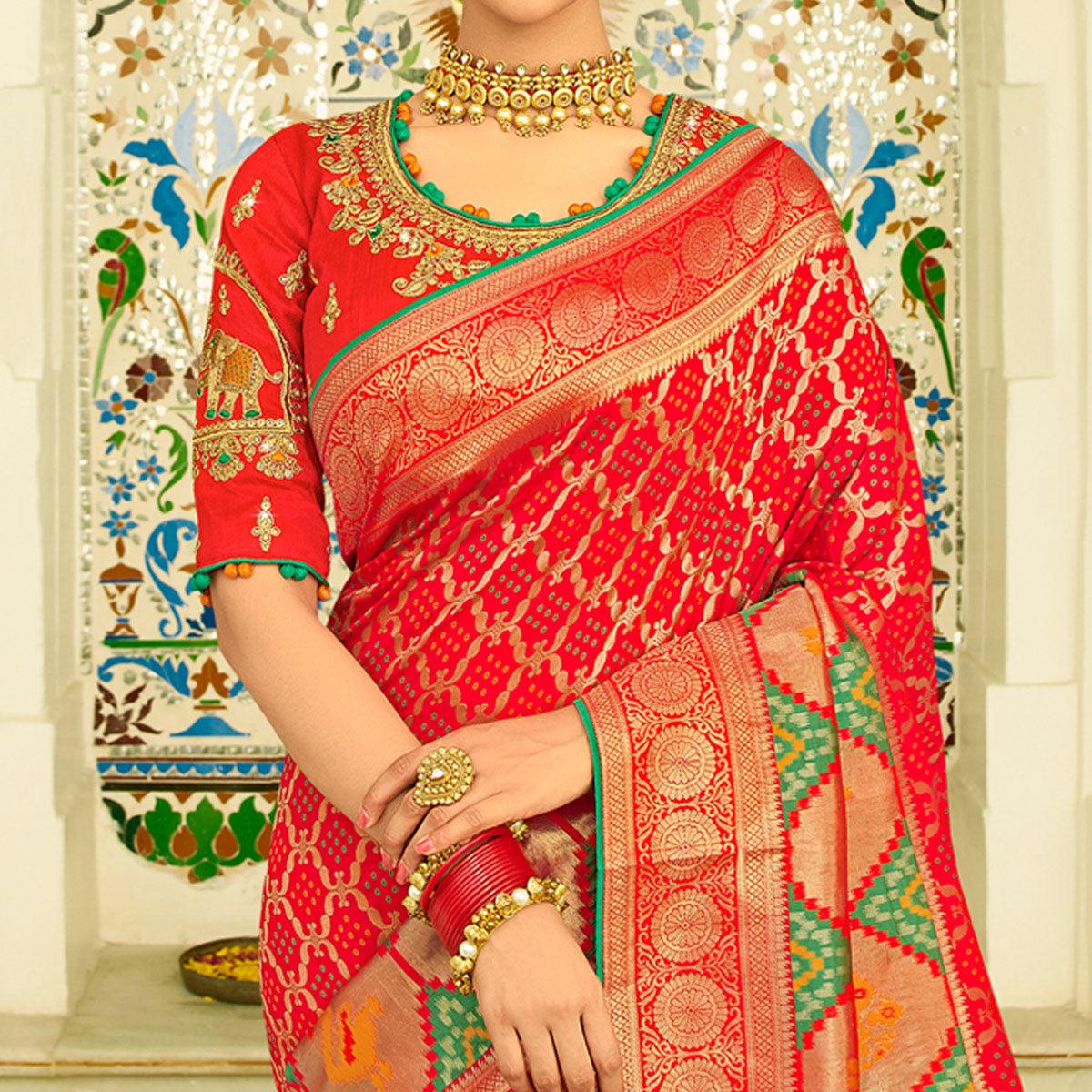 Fantastic Red Colored Festive Wear Woven Silk Saree With Tassels - Peachmode