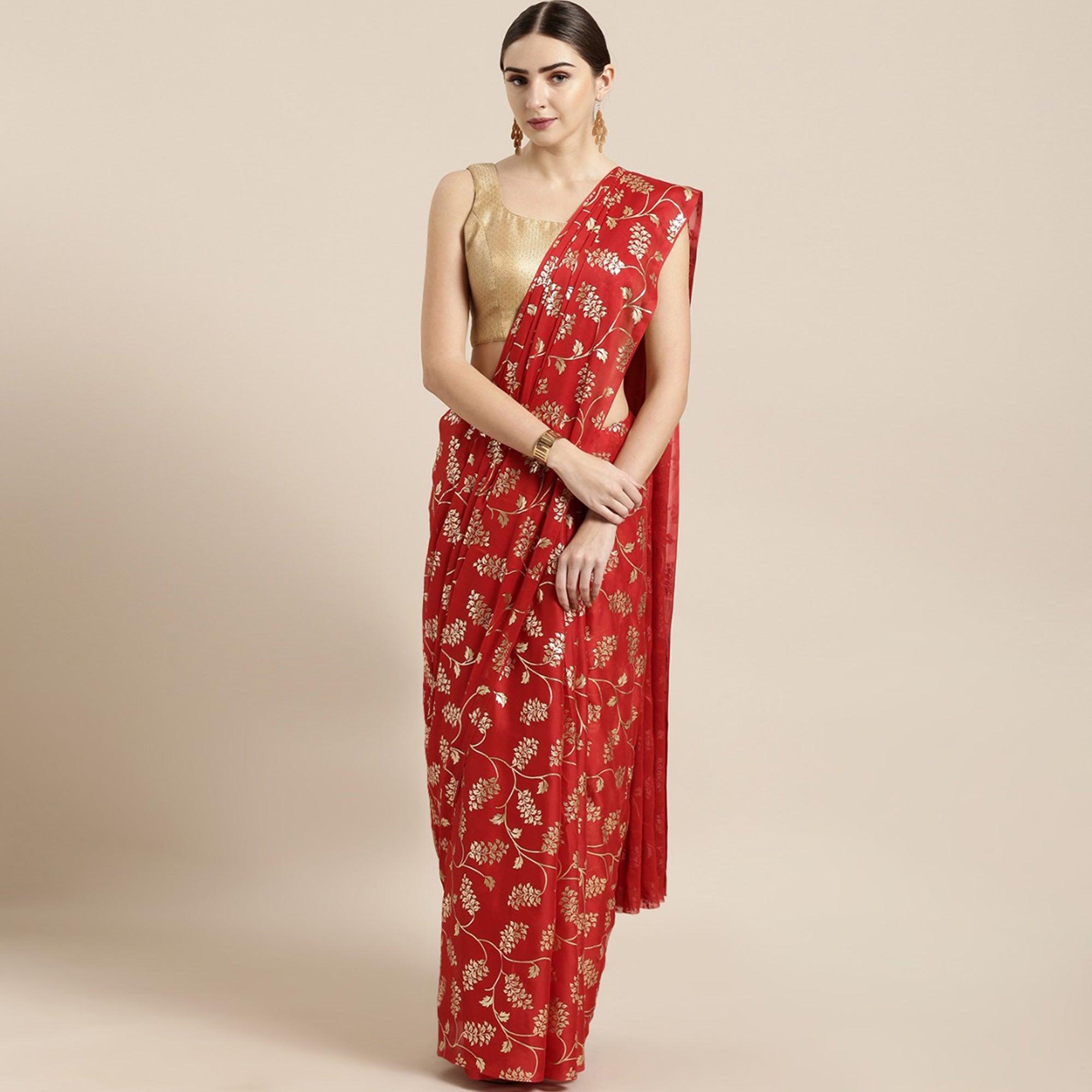 Fantastic Red Colored Partywear Foil Printed Georgette Saree - Peachmode