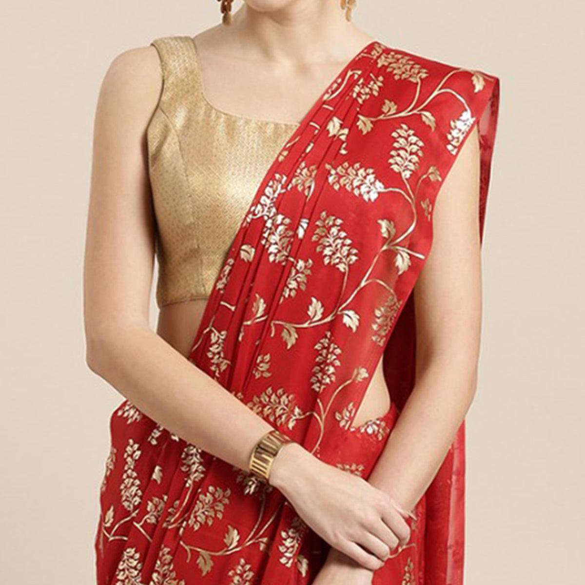 Fantastic Red Colored Partywear Foil Printed Georgette Saree - Peachmode