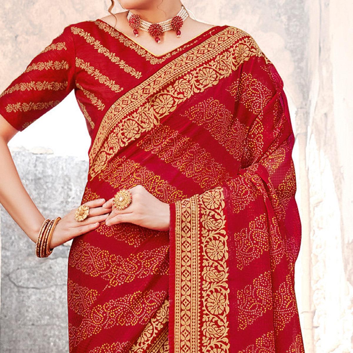 Fantastic Red Coloured Partywear Printed Chiffon georgette Saree - Peachmode