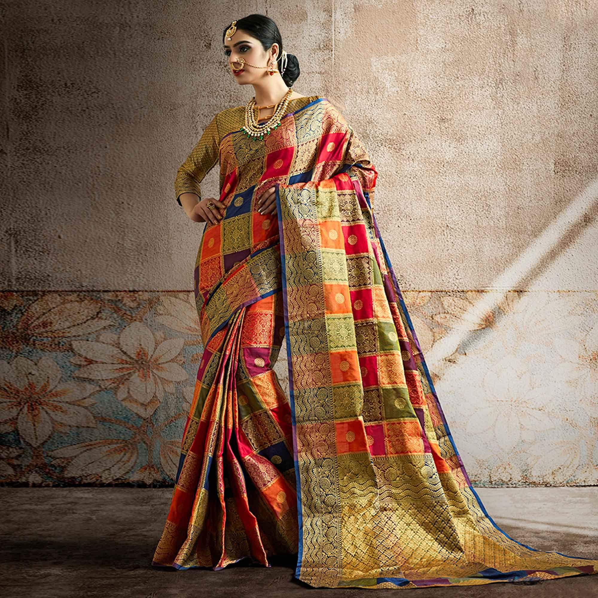 Fantastic Red-Multi Colored Festive Wear Woven Banarasi Silk Saree - Peachmode