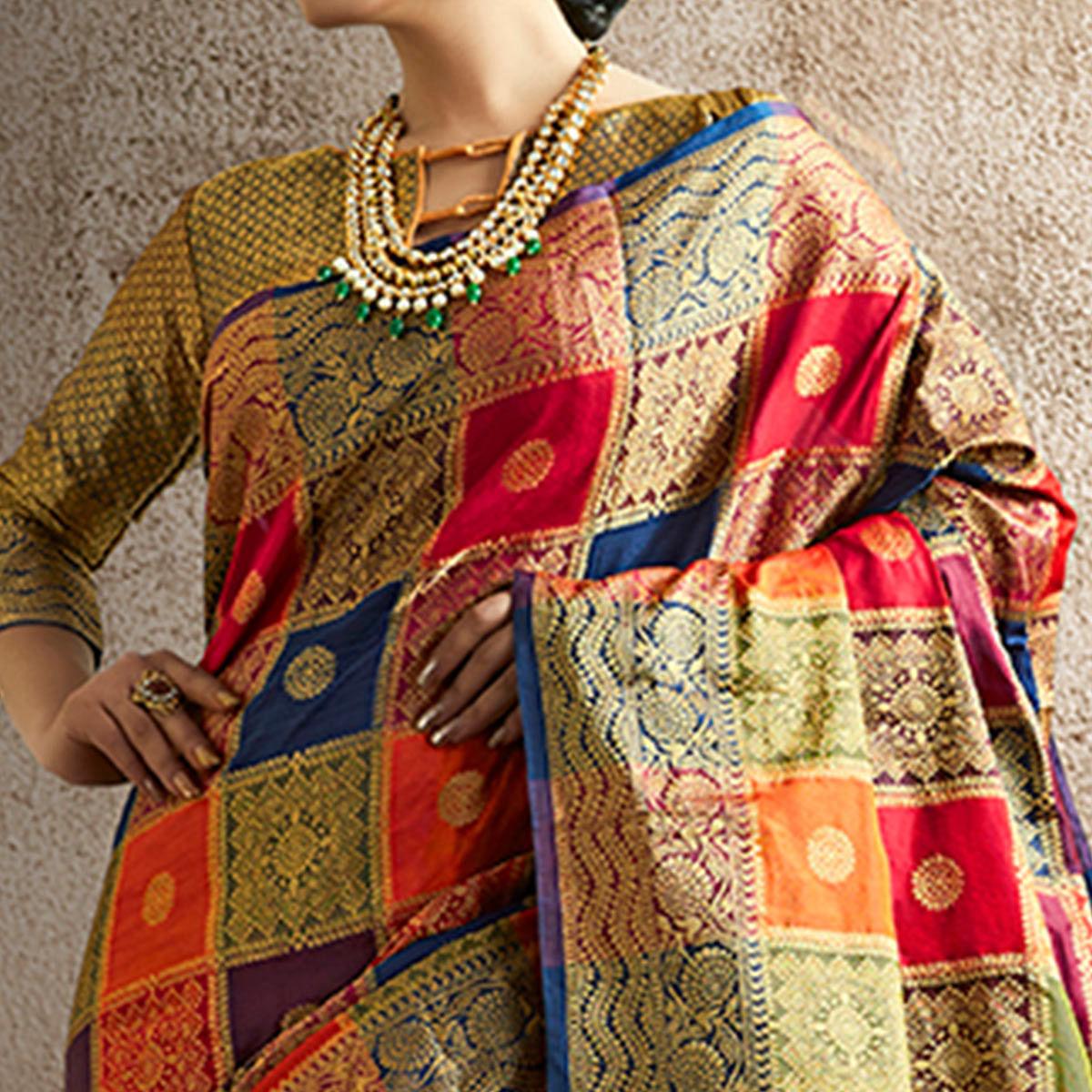 Fantastic Red-Multi Colored Festive Wear Woven Banarasi Silk Saree - Peachmode