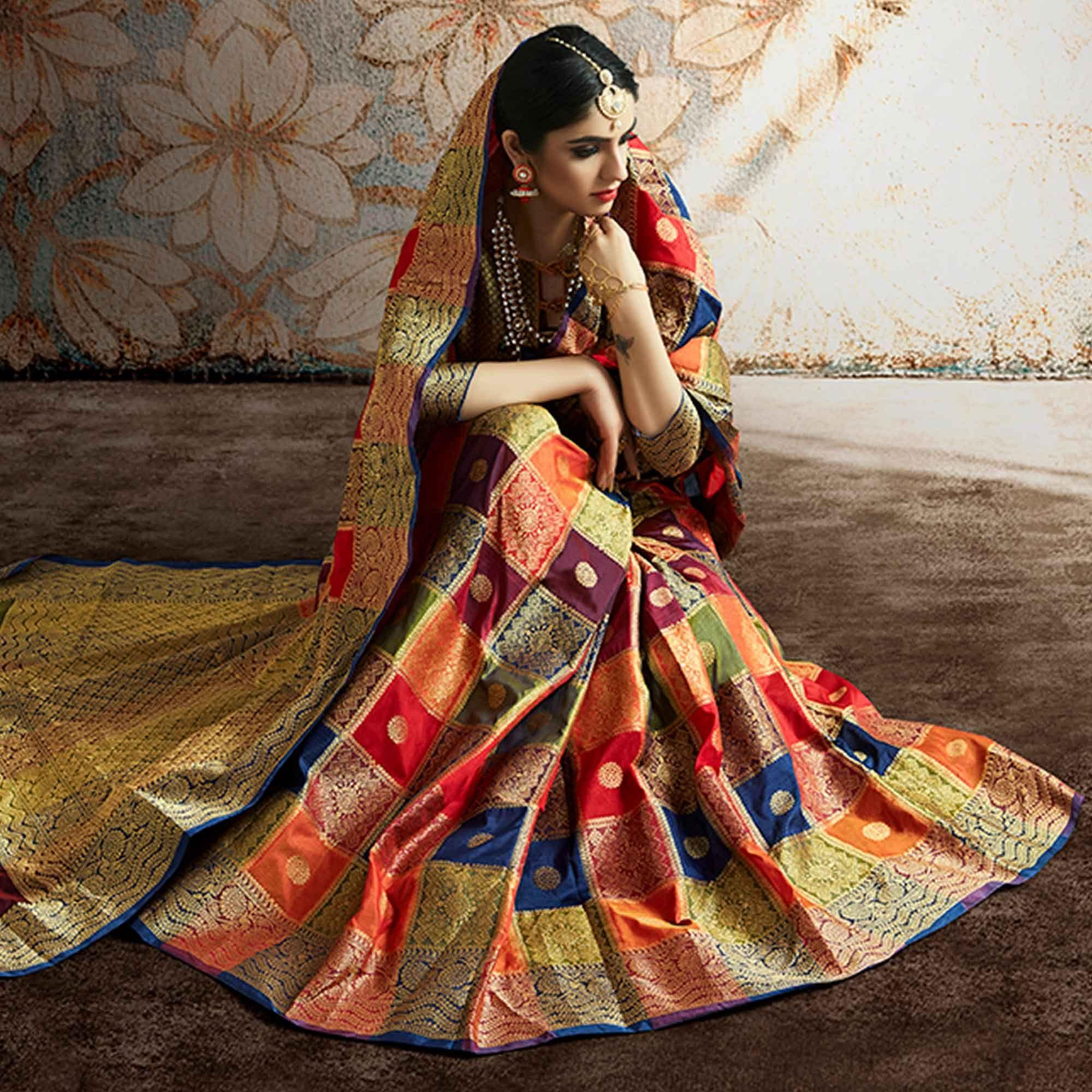 Fantastic Red-Multi Colored Festive Wear Woven Banarasi Silk Saree - Peachmode