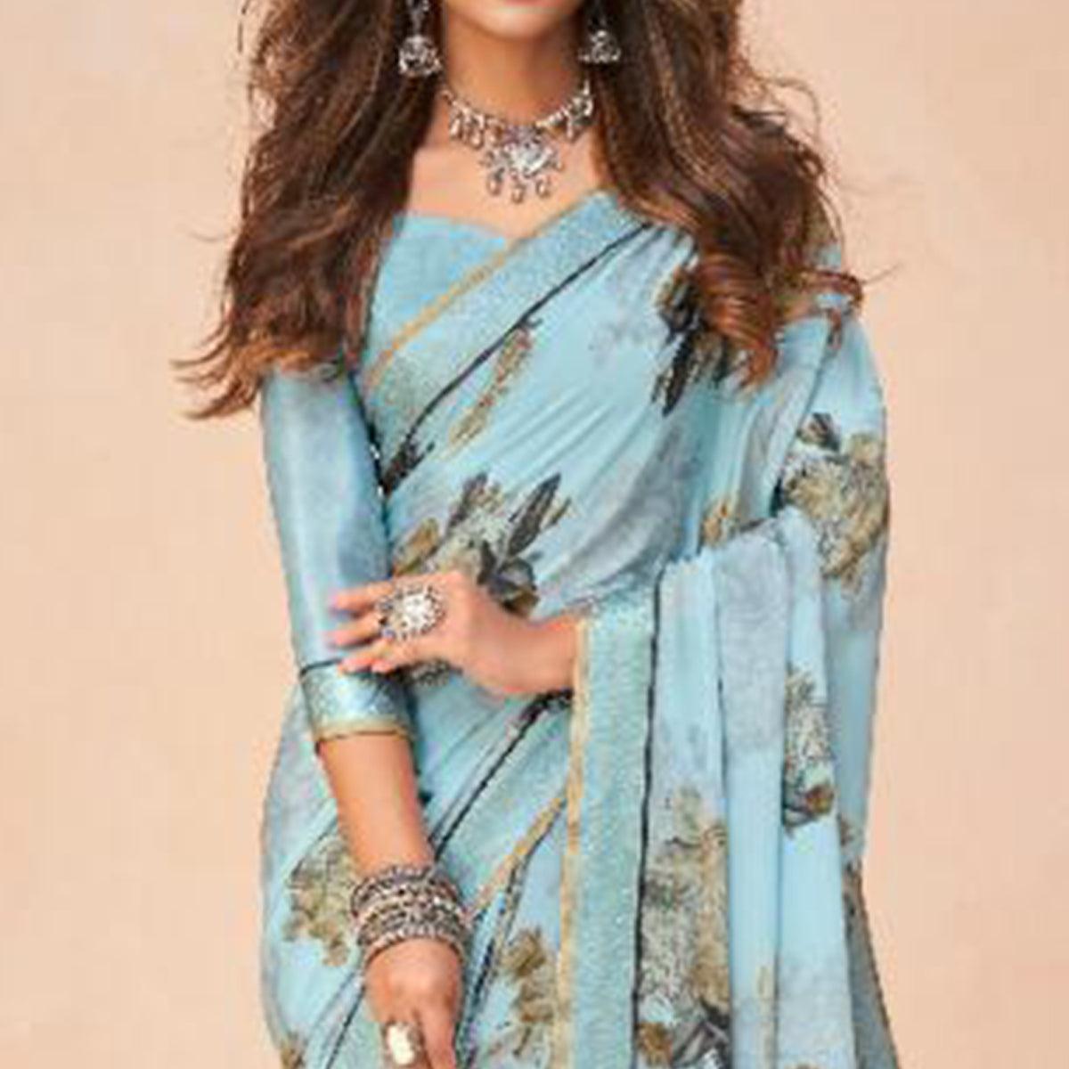 Fantastic Sky Blue Coloured Casual Wear Printed Crepe Saree - Peachmode